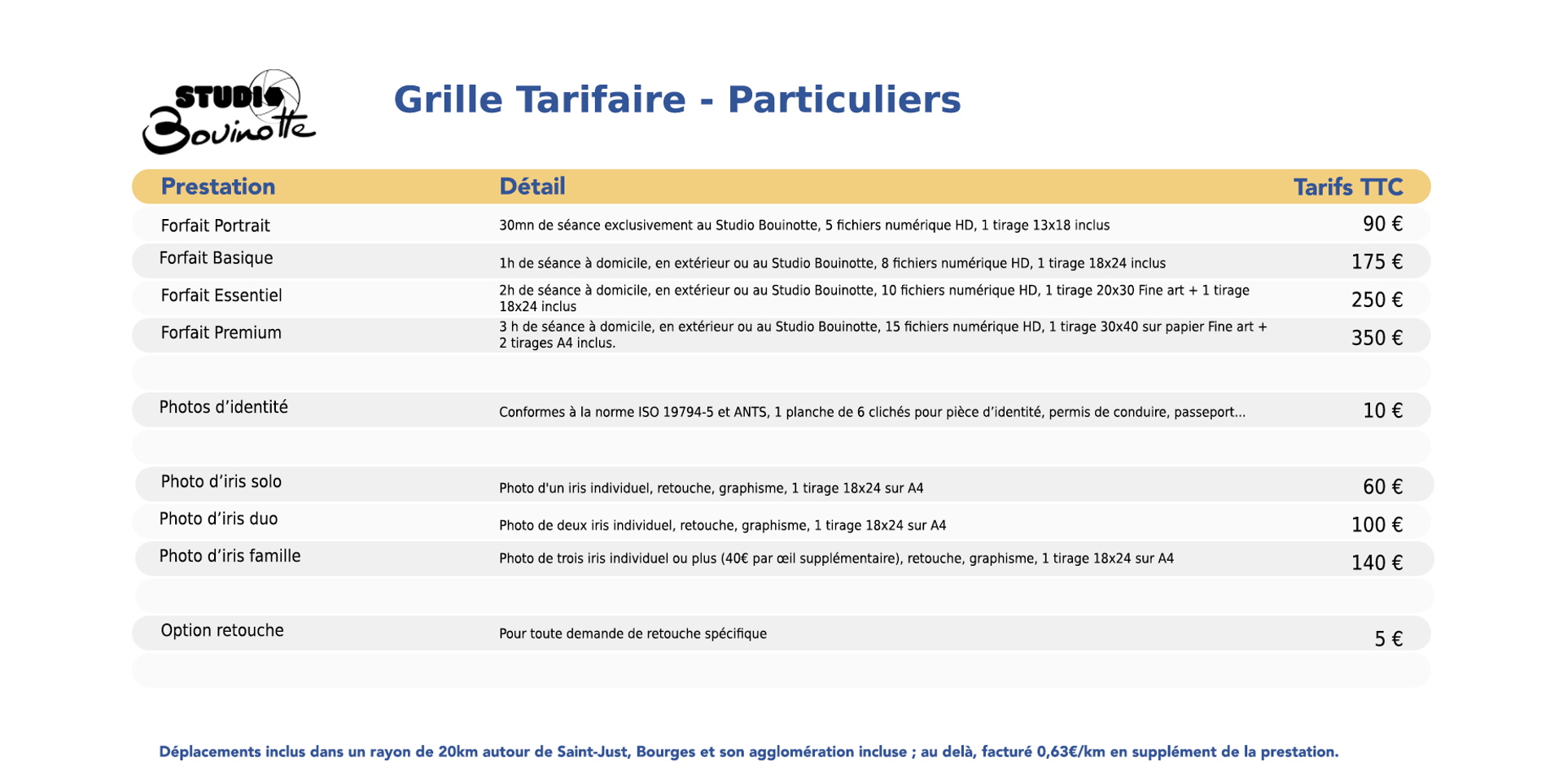 Tarifs Studio Bouinotte