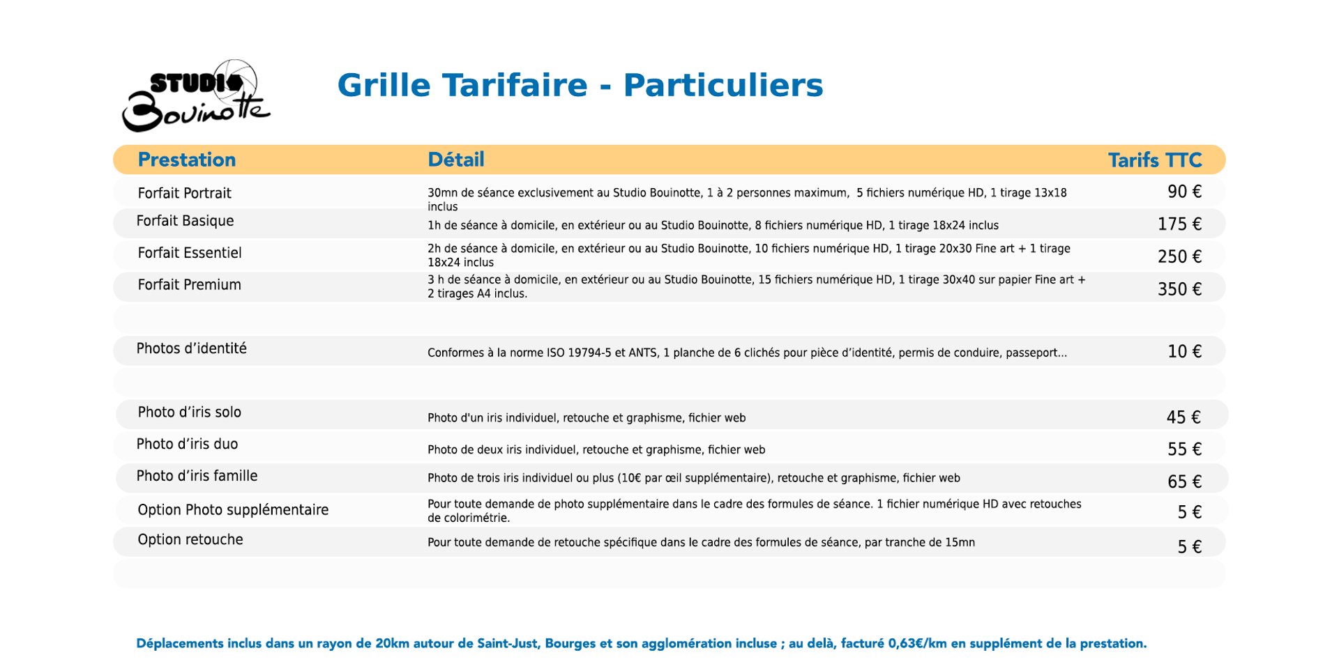 Tarifs Studio Bouinotte