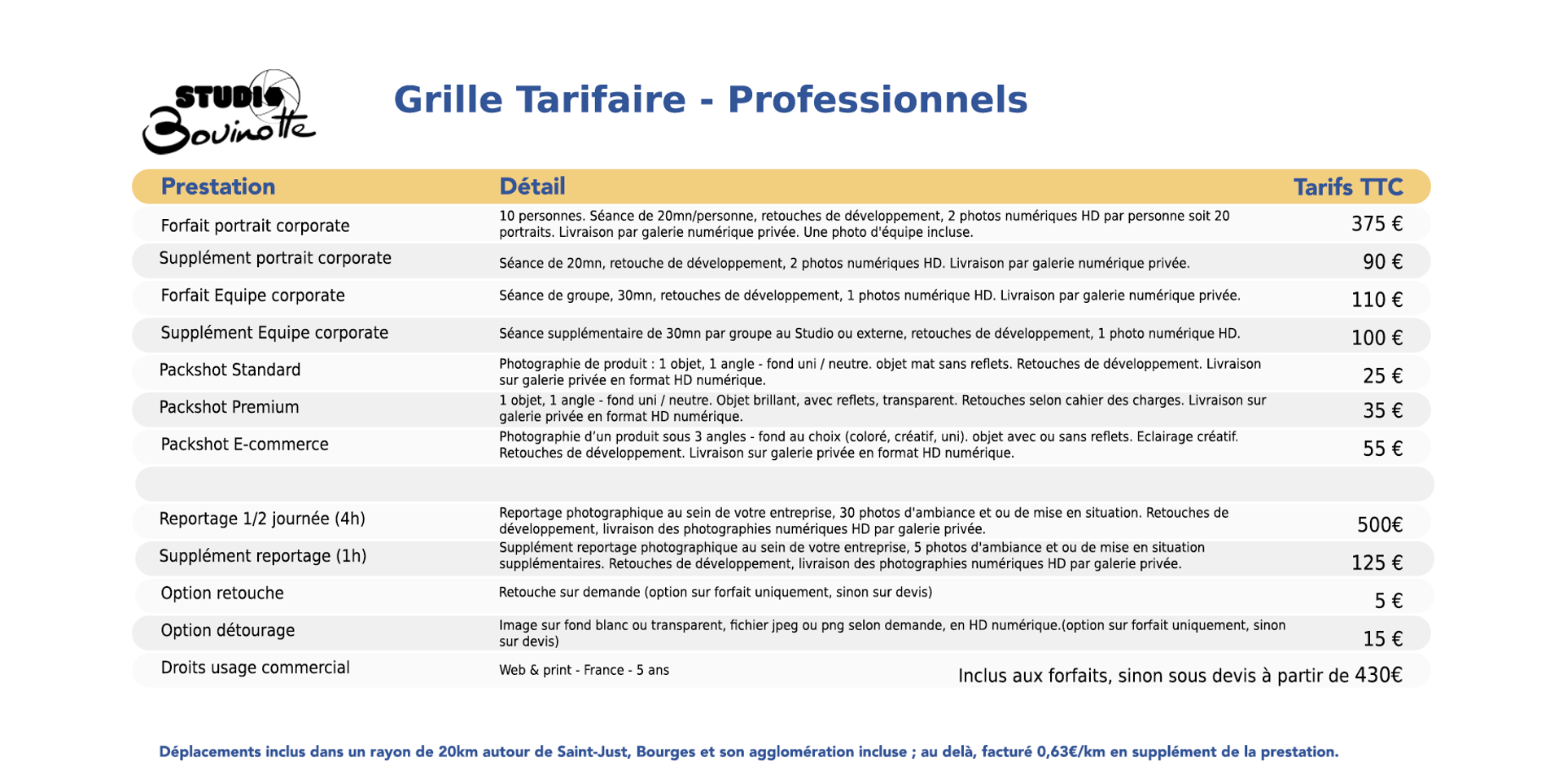 Tarifs Studio Bouinotte