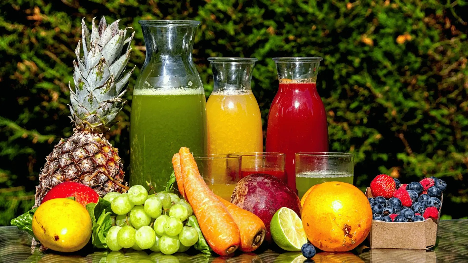 fruits and vegetable in clear glass jar