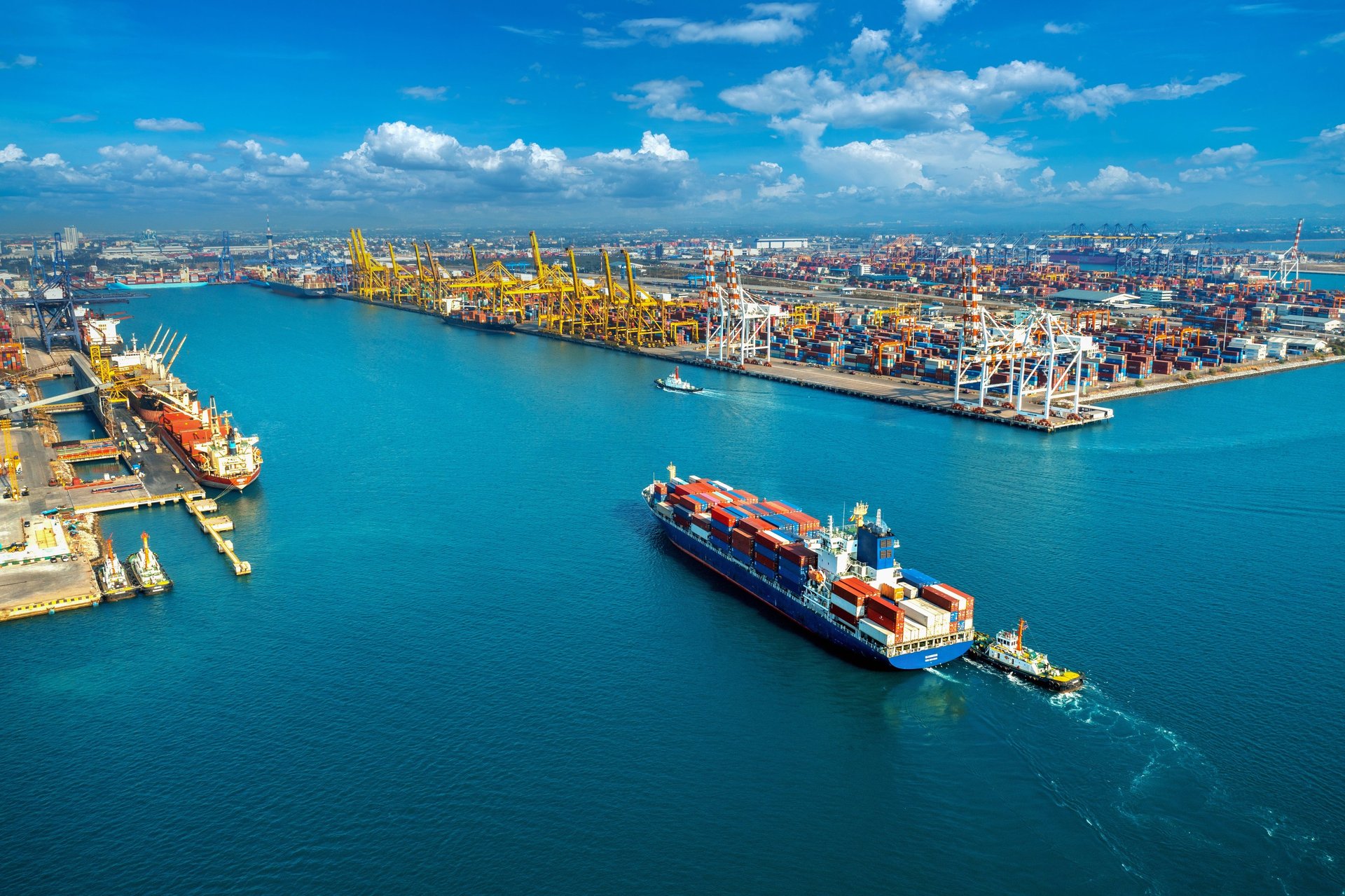 red and blue cargo ship on body of water during daytime