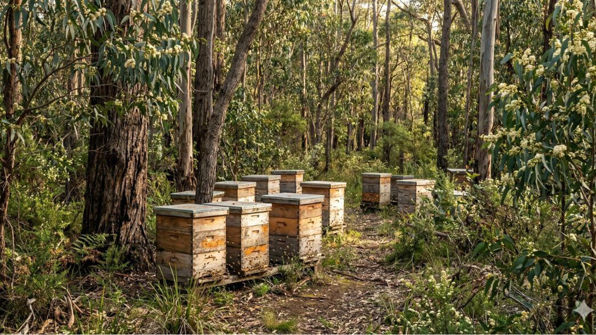 bee hives in a eucalypt forest