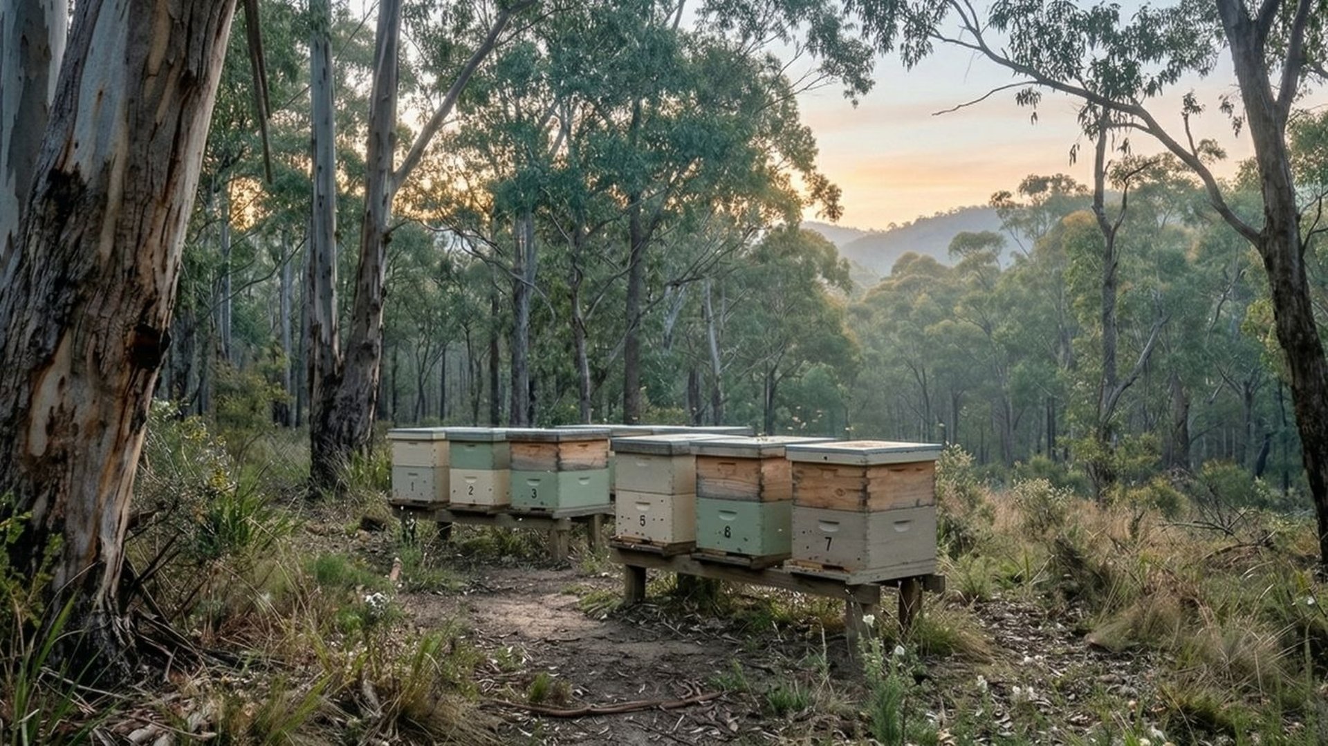 bee hives in an Australian eucalyptus forest