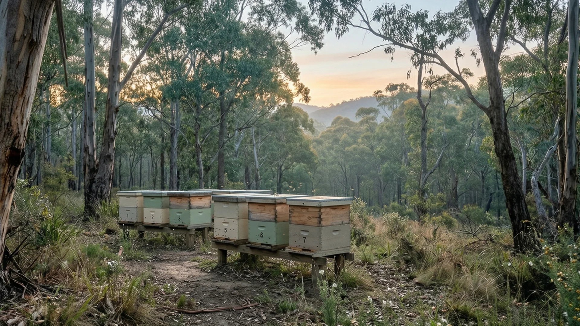 An apiary featuring stacks of beehives situated on wooden benches within a sunlit Australian eucalyptus forest.