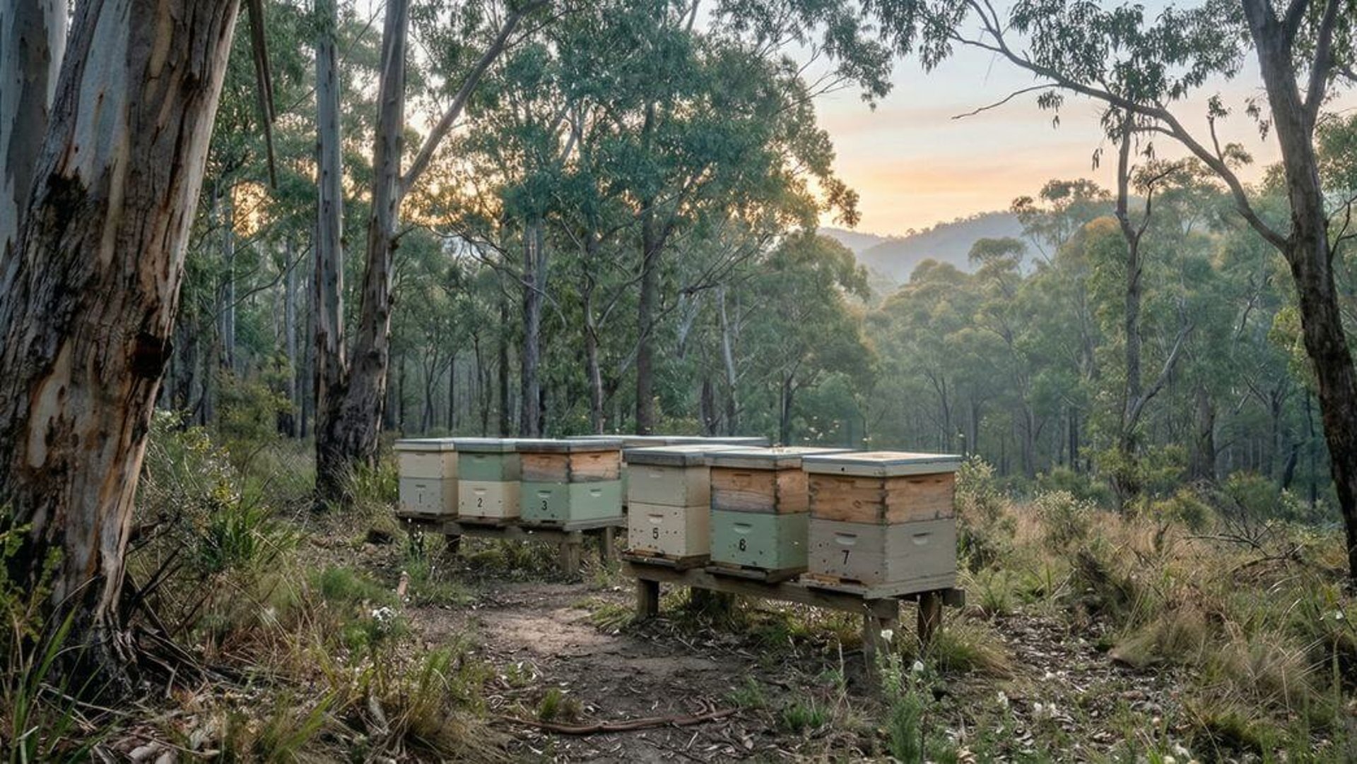 Melli Magic honey hero image featuring apiaries in an Australian euclyptus forest