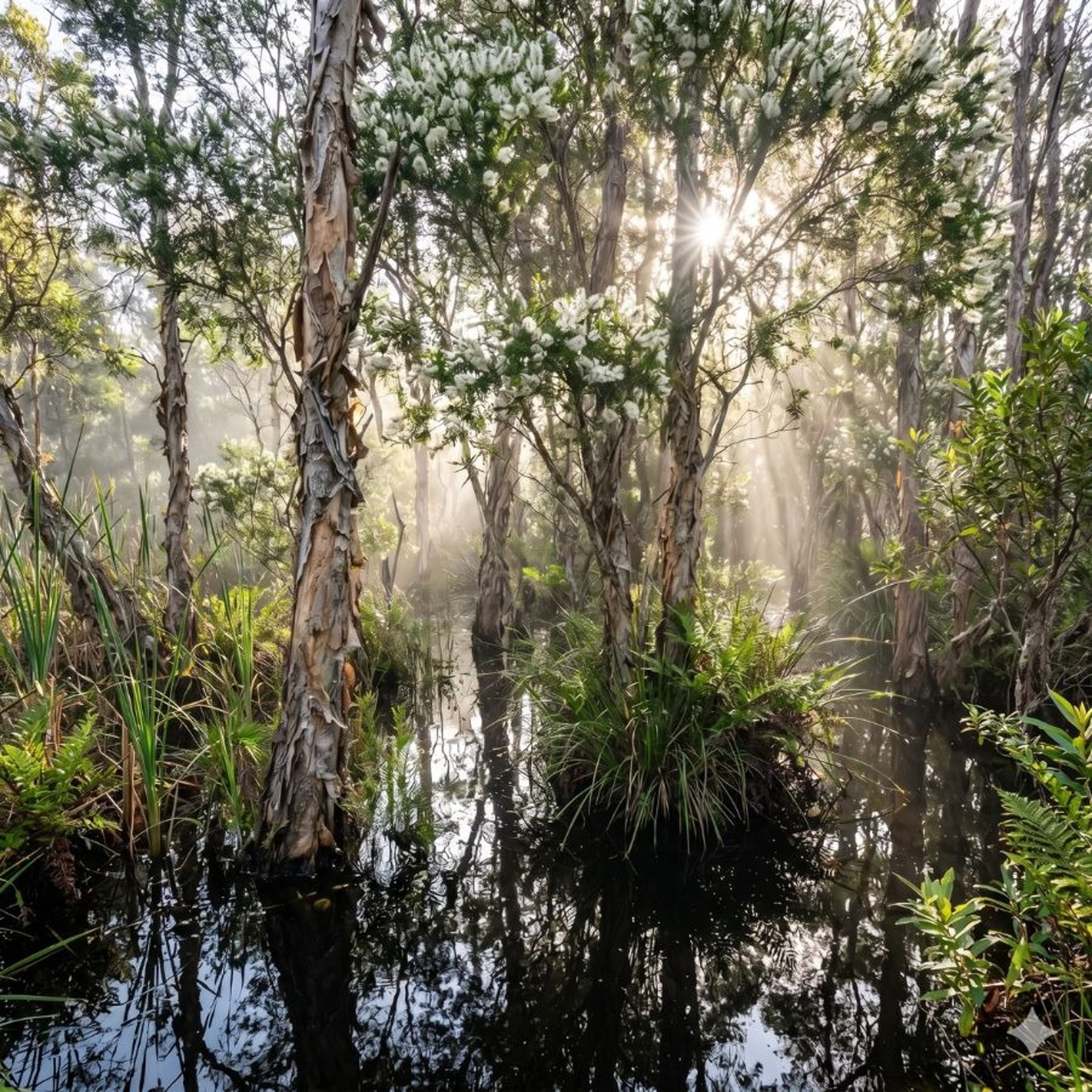 Sunlight beams through paperbark tea trees and white flowers in a misty wetland swamp forest.