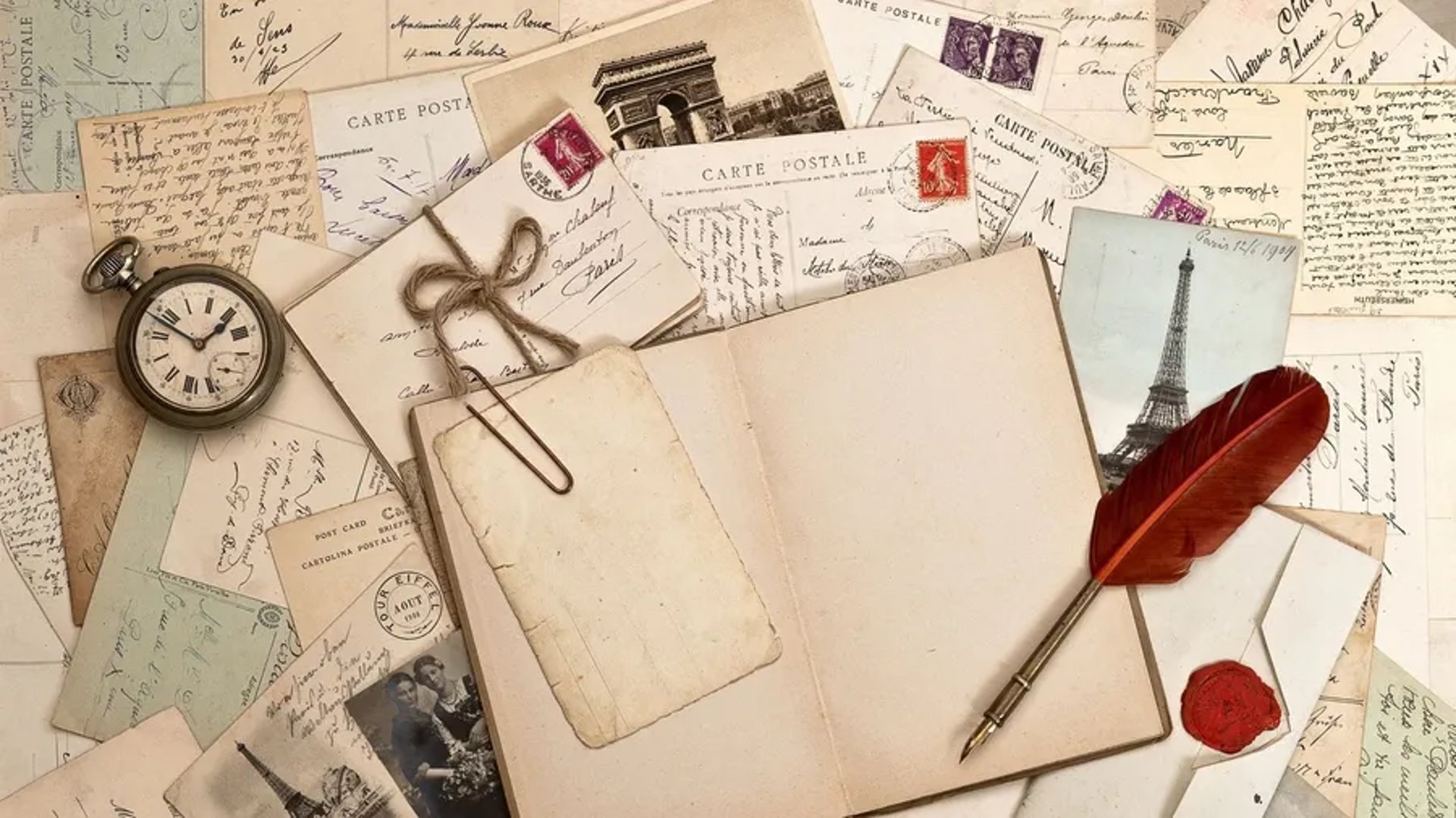ESCITURA, LIBRETA , PLUMA, POSTALES
