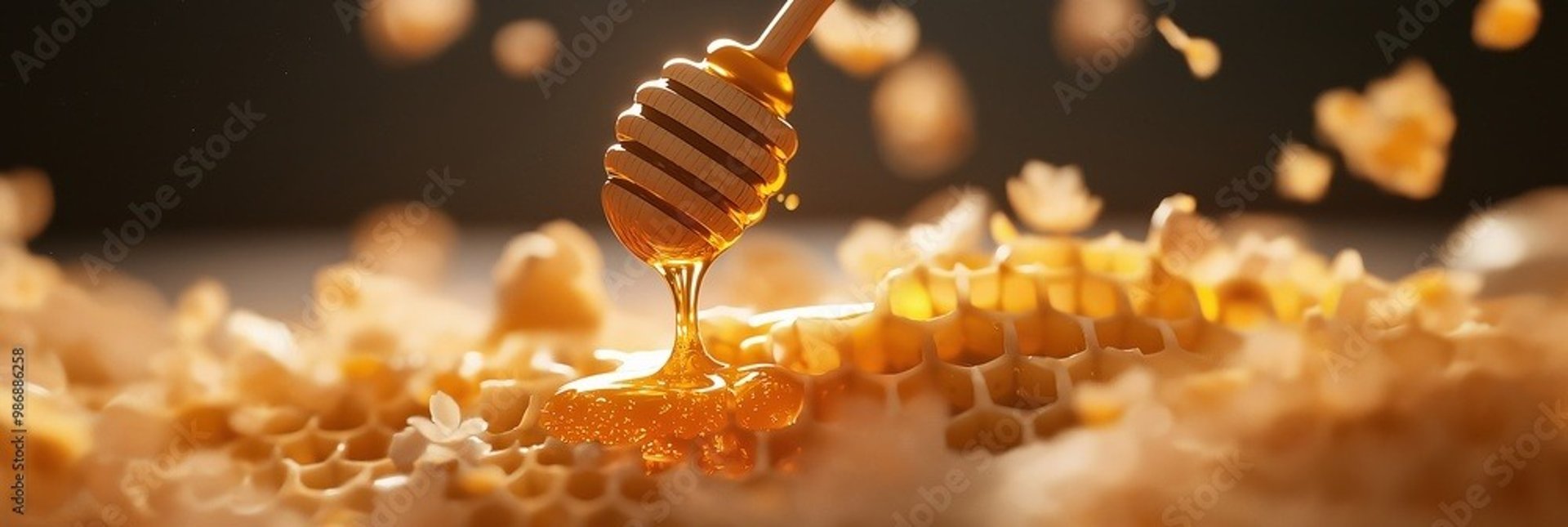 Organic Iranian honey drips on golden honeycomb with cozy lighting, pure natural Sidr honey scene.