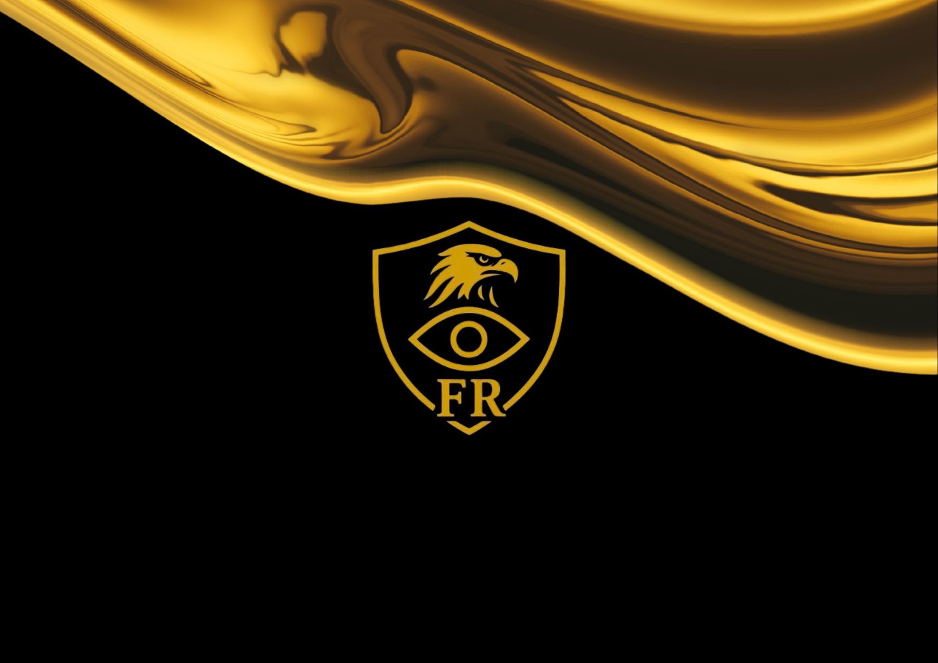 Fondo negro y dorado con logotipo dorado FR SEGURIDAD PRIVADA