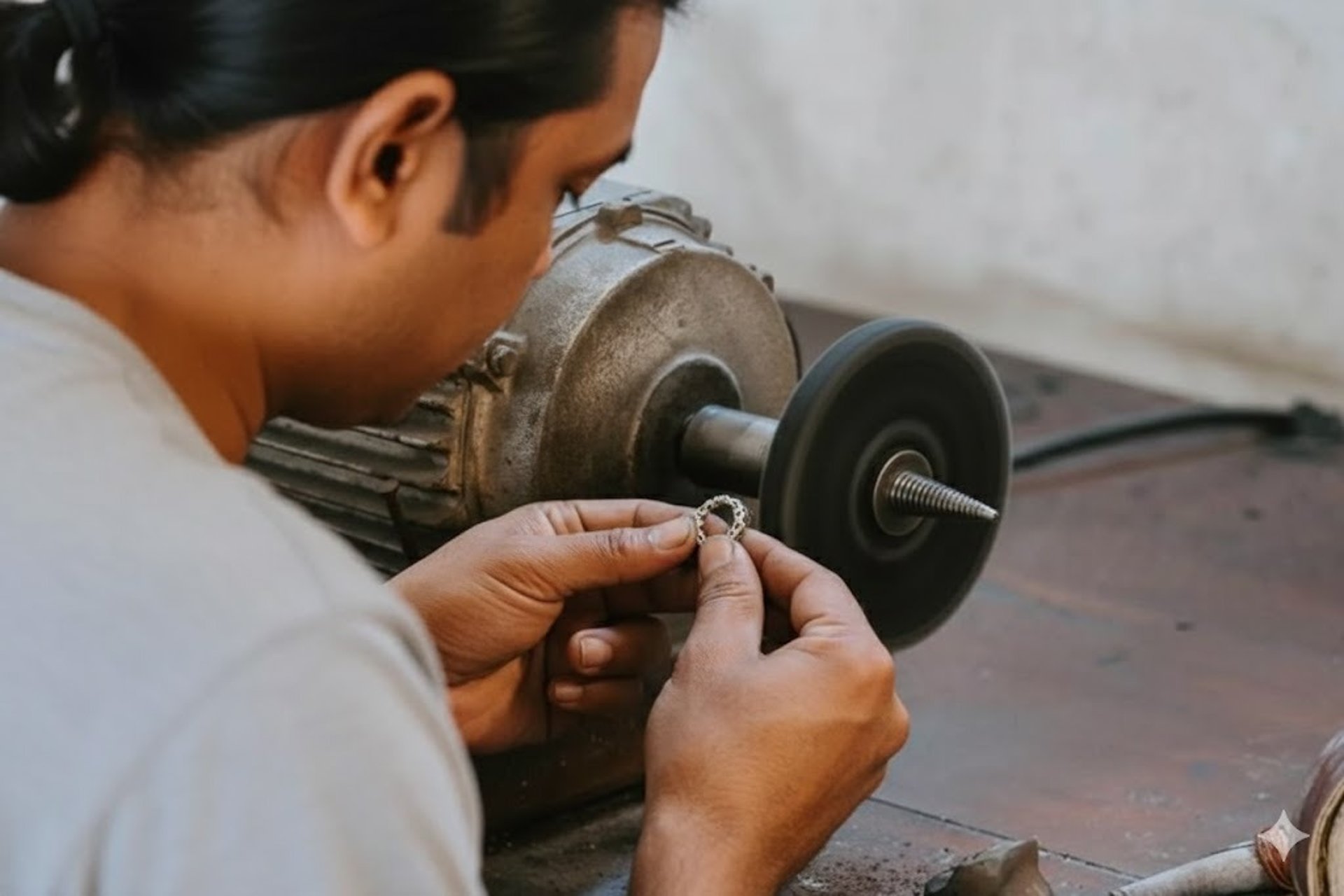 A potter is shaping a clay vase on a wheel.