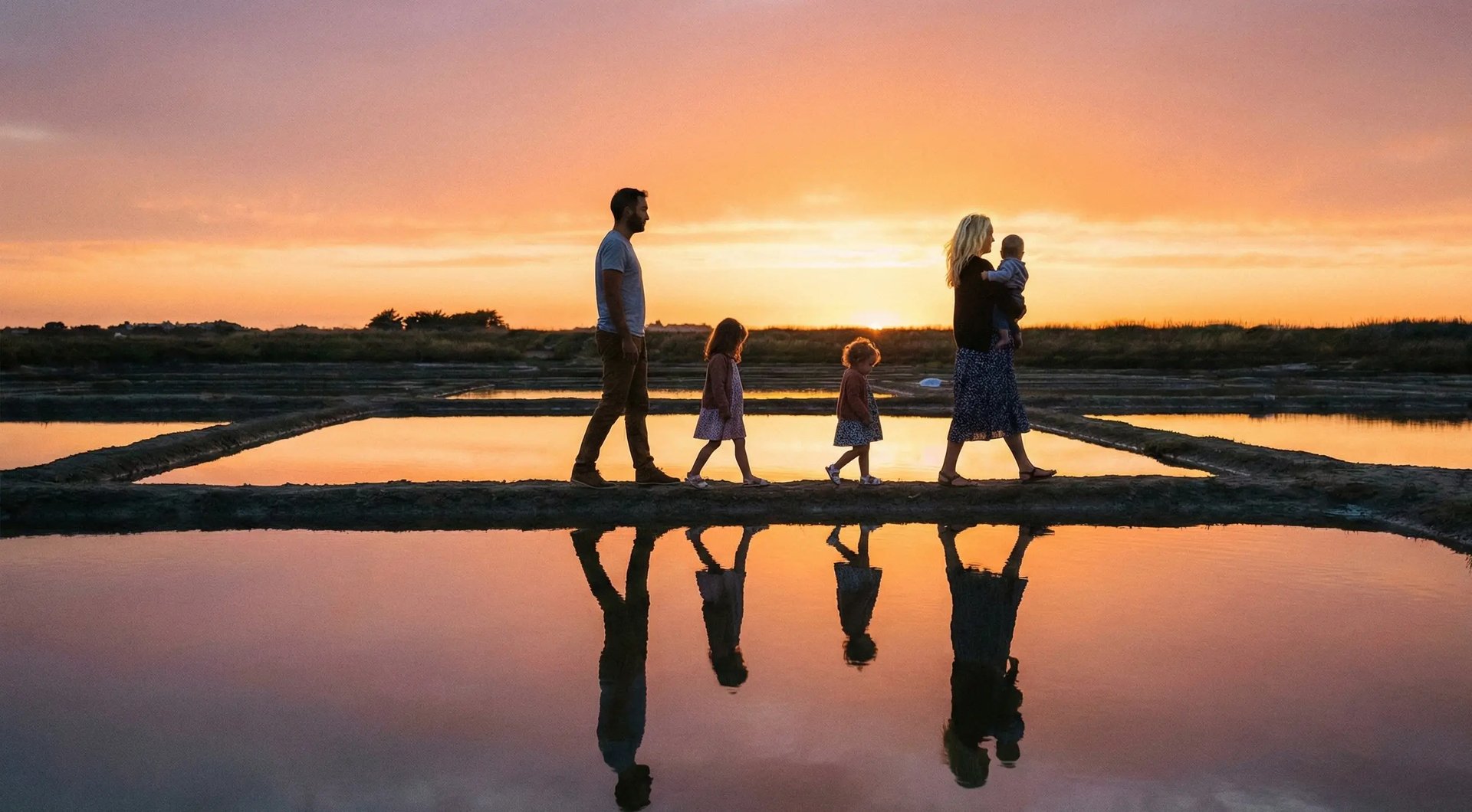 Silhouette d'une famille unie avec bébé marchant dans les marais salants de Guérande, symbolisant l'espoir et le souffle