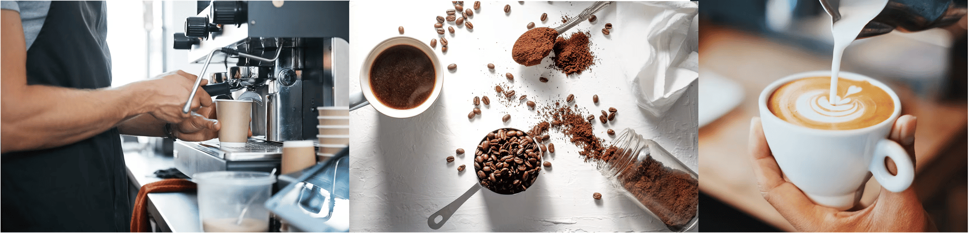 Stock images of espresso machine, coffee beans, and milk pouring into latte