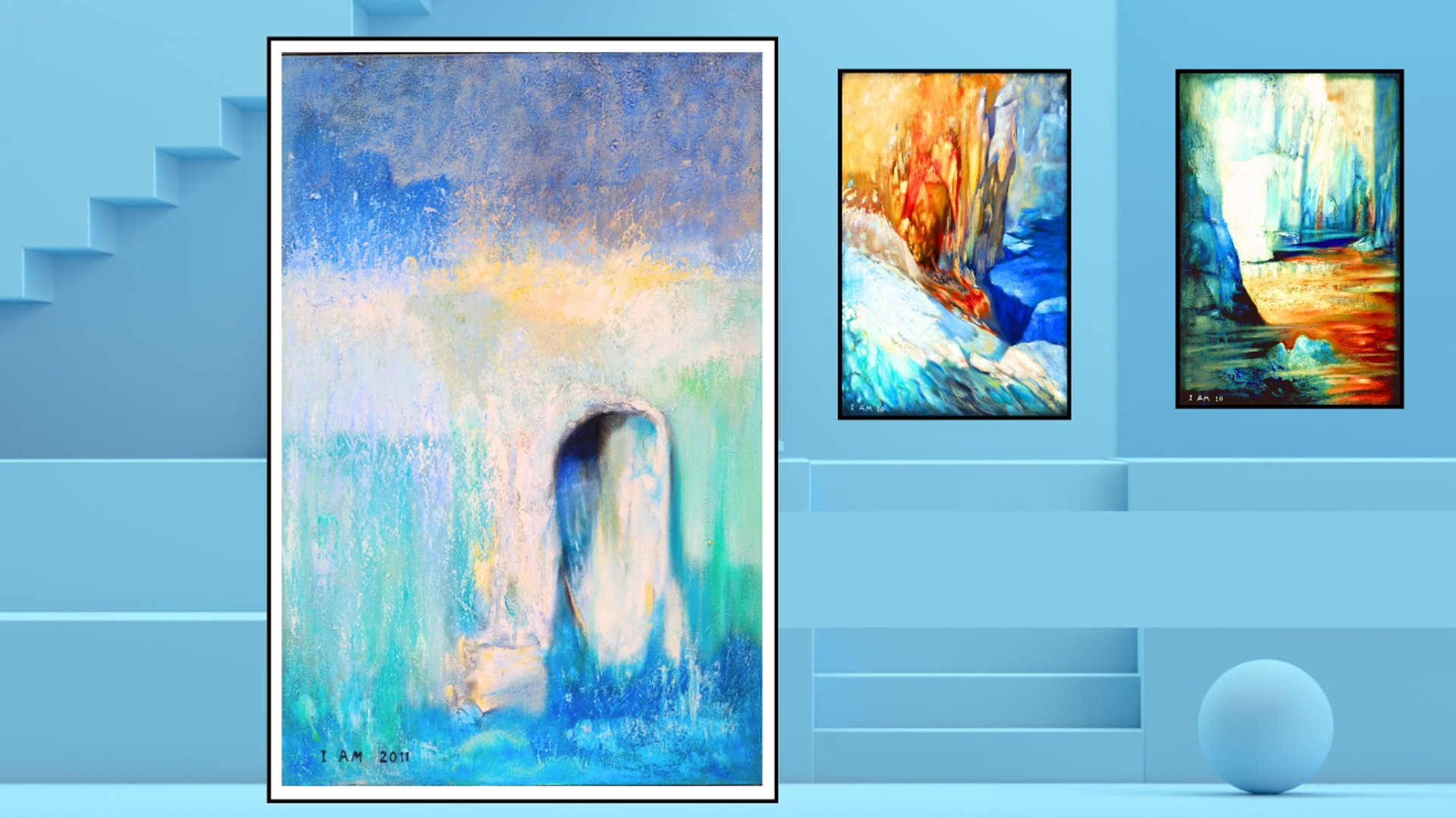 Abstract paintings landscape art imagery in blue white and light series by Maya Britan I Am One ART