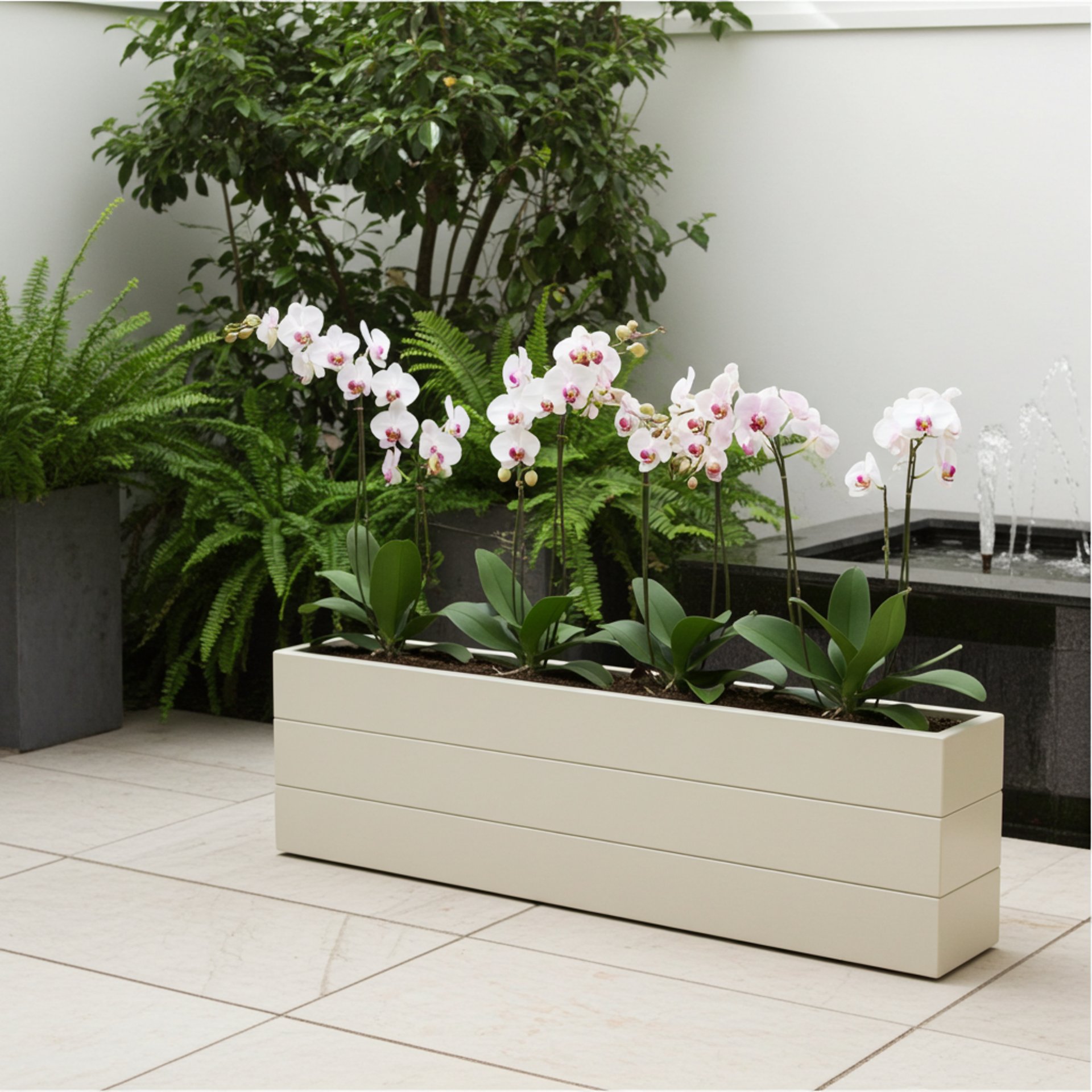 elegant outdoor wooden planter painted in grey blue with patio tree made from wood