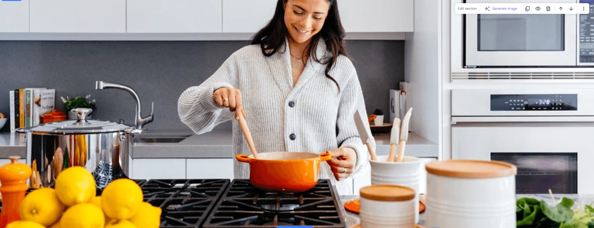 happy woman at stove stirring a pot in kitchen