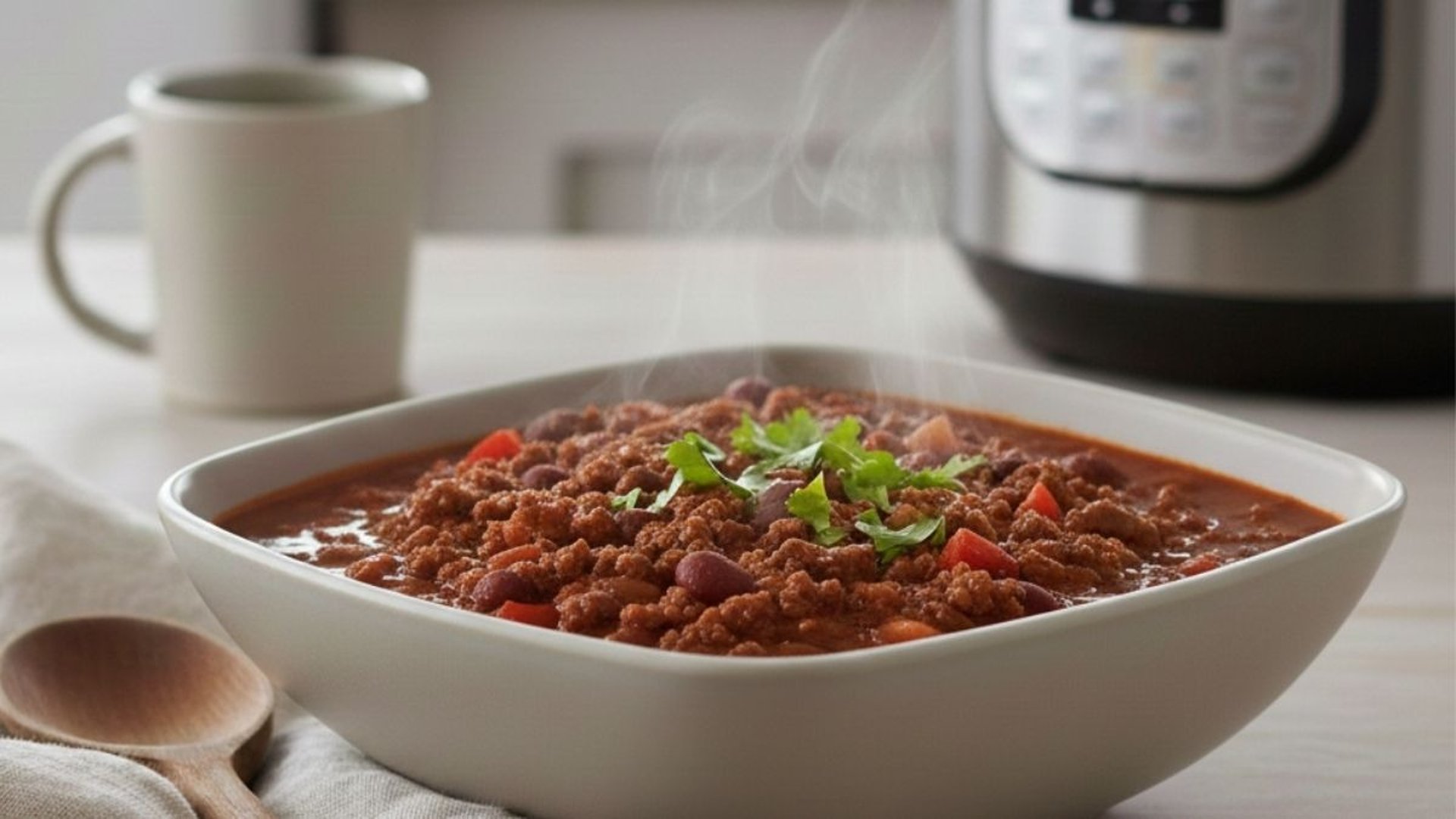 ceramic bowl of debbie's everyday pantry chili