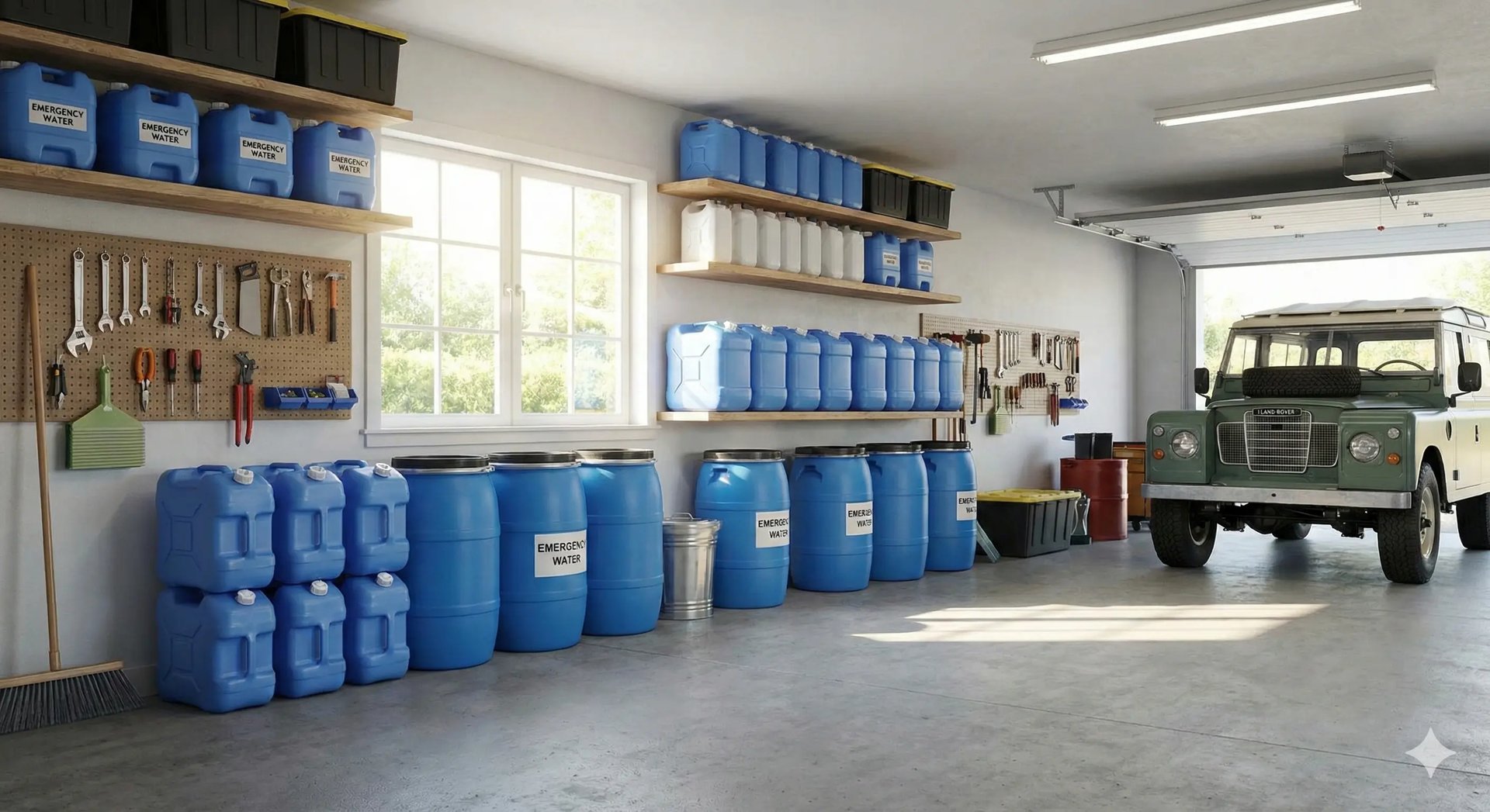 Residential garage storage with water containers elevated on wooden planks, clean and orderly, daylight filtering in.