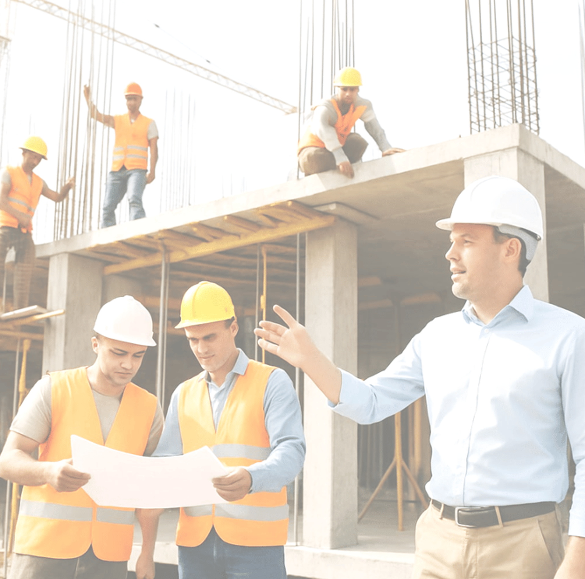 seven construction workers standing on white field