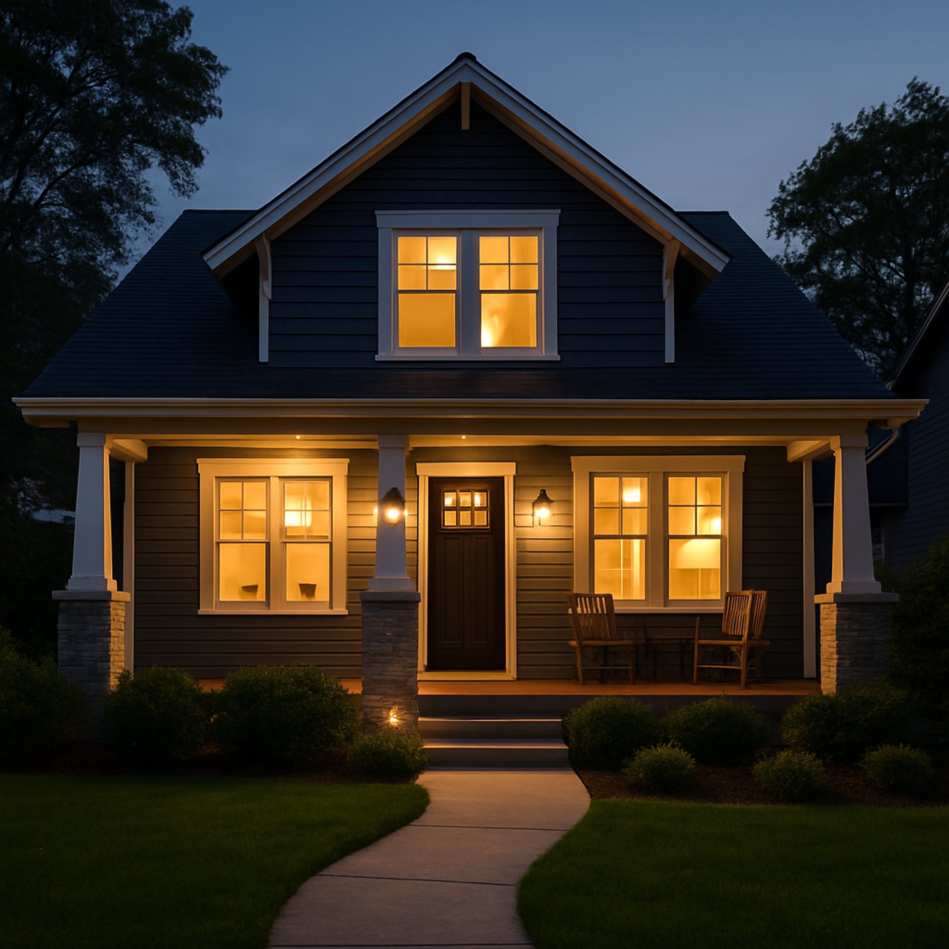 outdoor lamps turned on