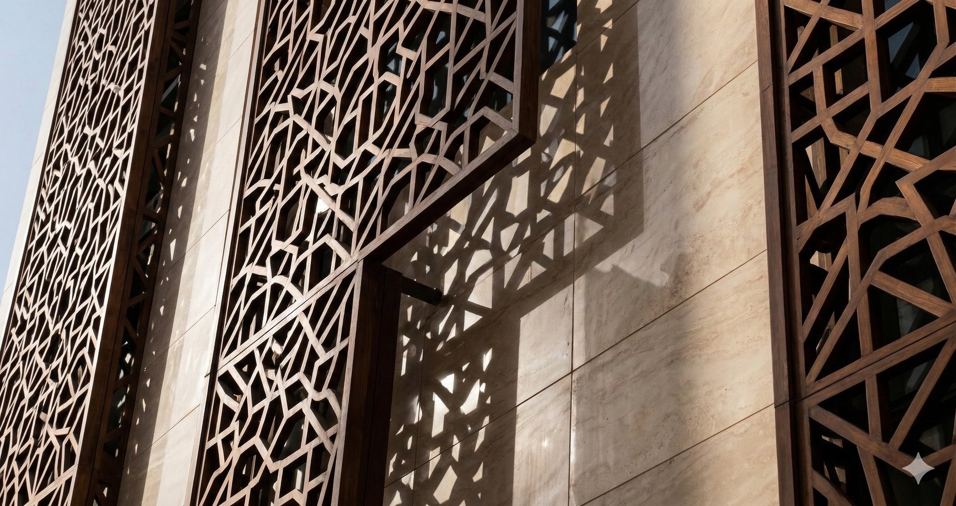 an abstract photo of a curved building with a blue sky in the background