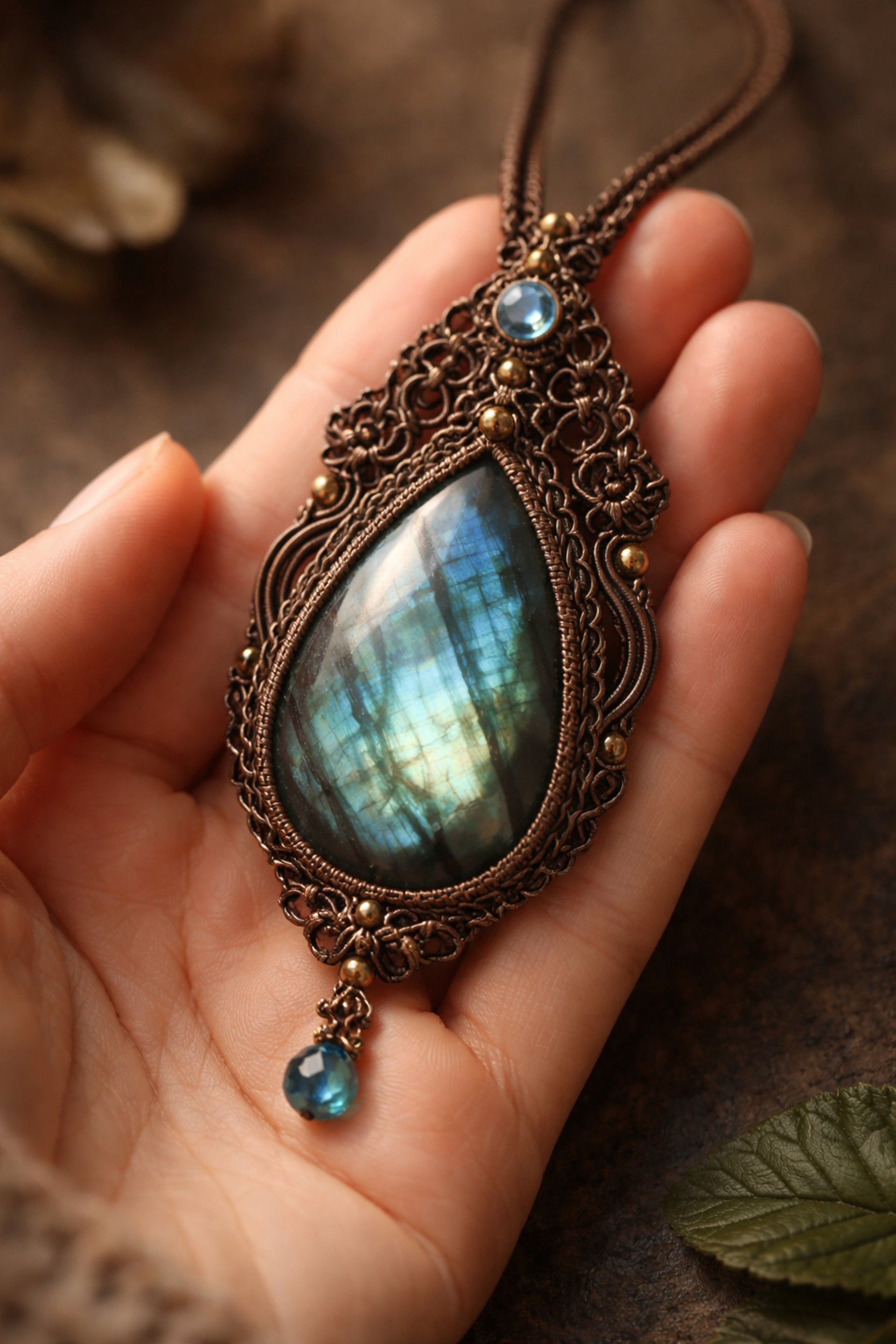 collar de macrame con una piedra azul turquesa 