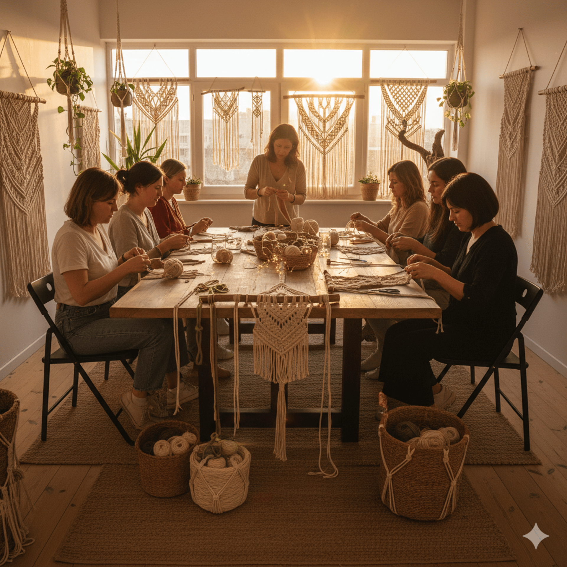 mujeres en un taller realizando artesanías de macrame 