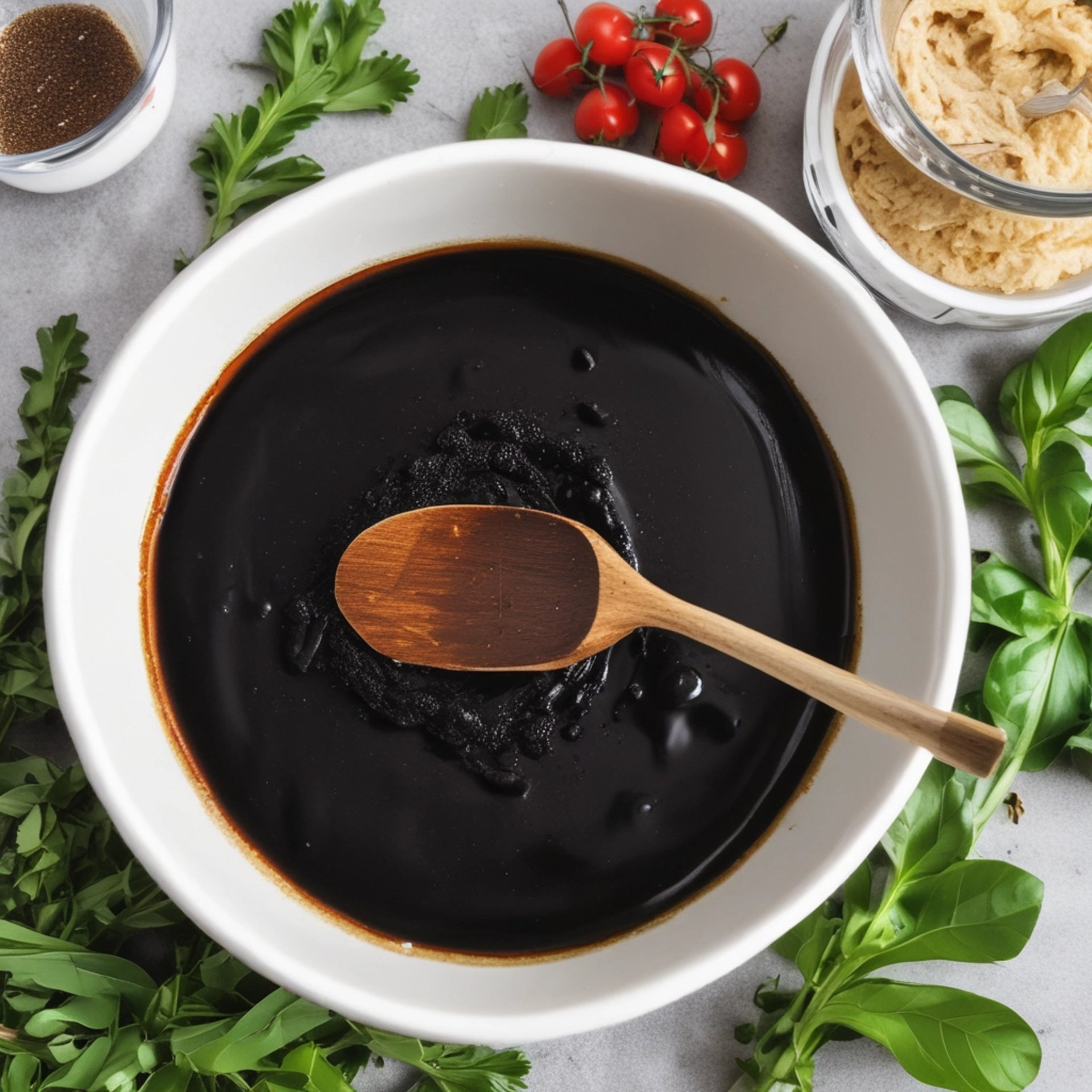 person dripping black liquid from small white ceramic bowl to big white ceramic bowl