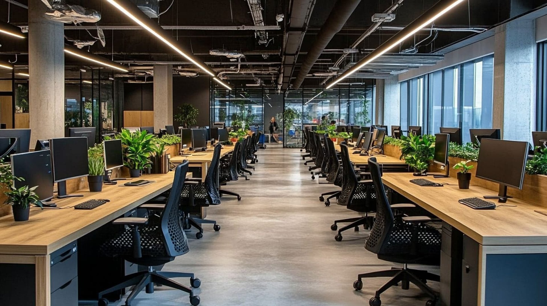 Oficina moderna de planta abierta con escritorios de madera clara, sillas ergonómicas negras y luz natural abundante