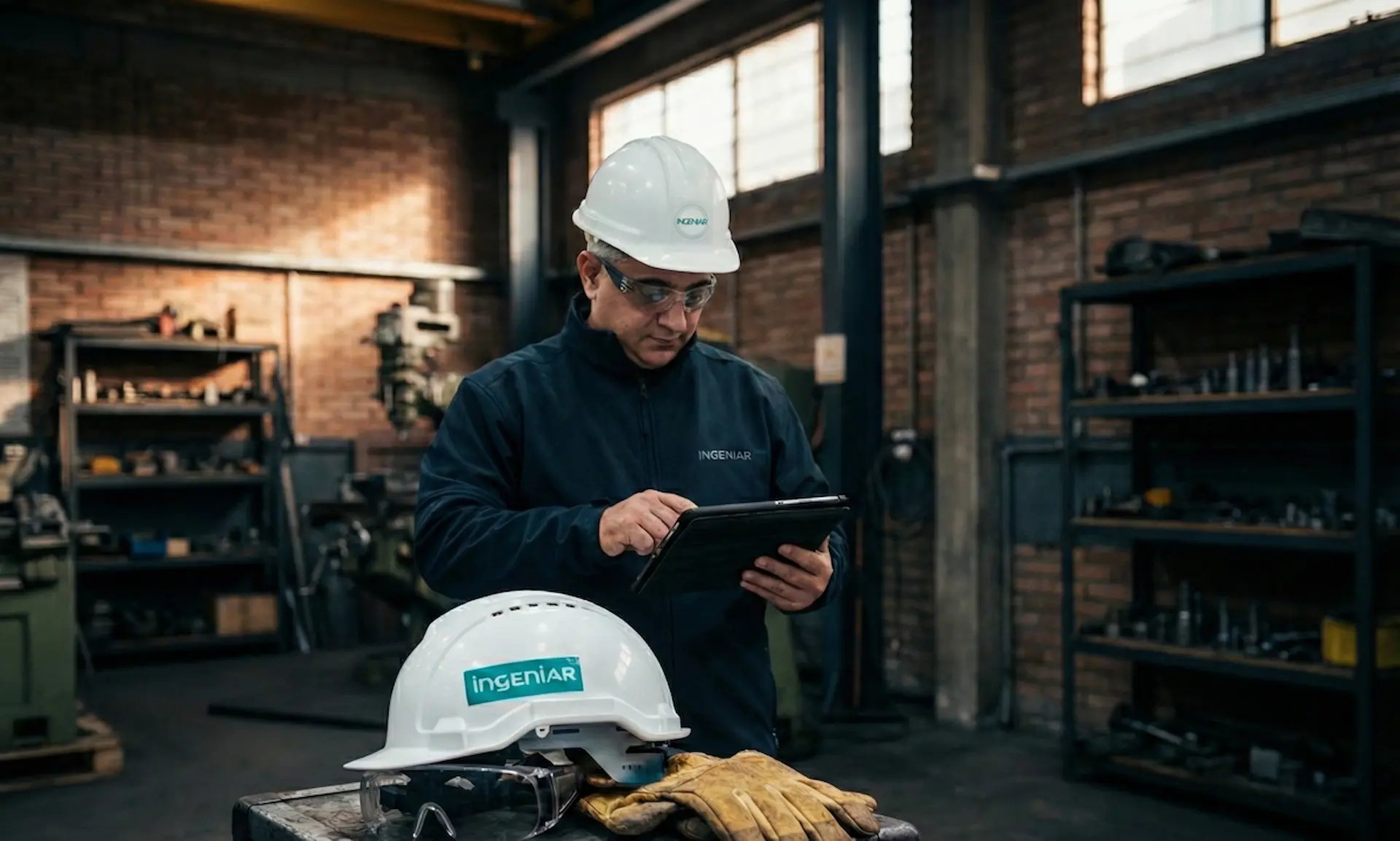 Intervención segura en planta bajo norma ISO 45001 con evaluación de riesgos in situ y uso de equipo de protección personal.