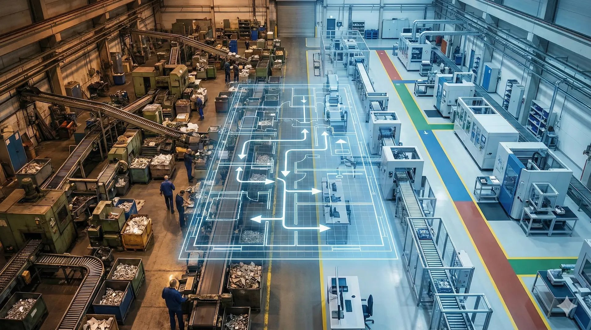 Layout de planta industrial con mapeo de flujos y diseño estratégico para optimizar el sistema productivo y el flujo de valor