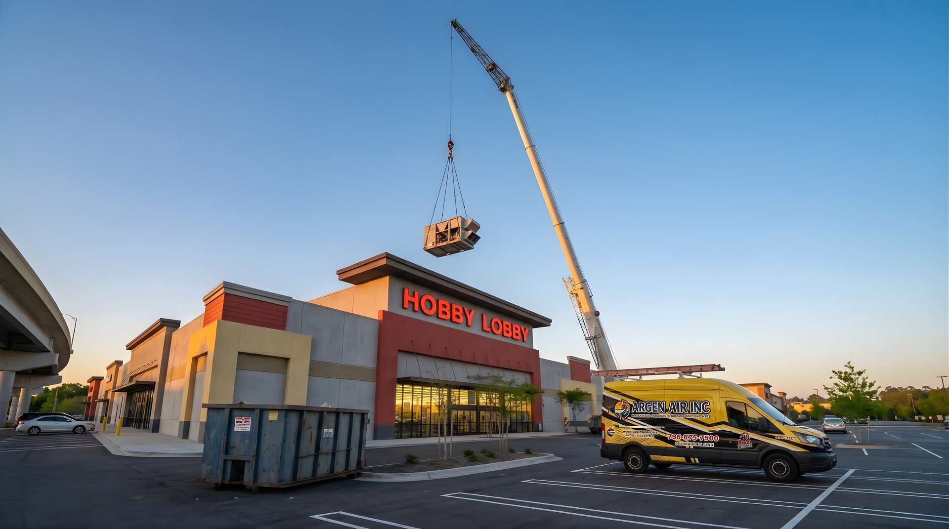 Crane lifting HVAC unit over a hobby lobby