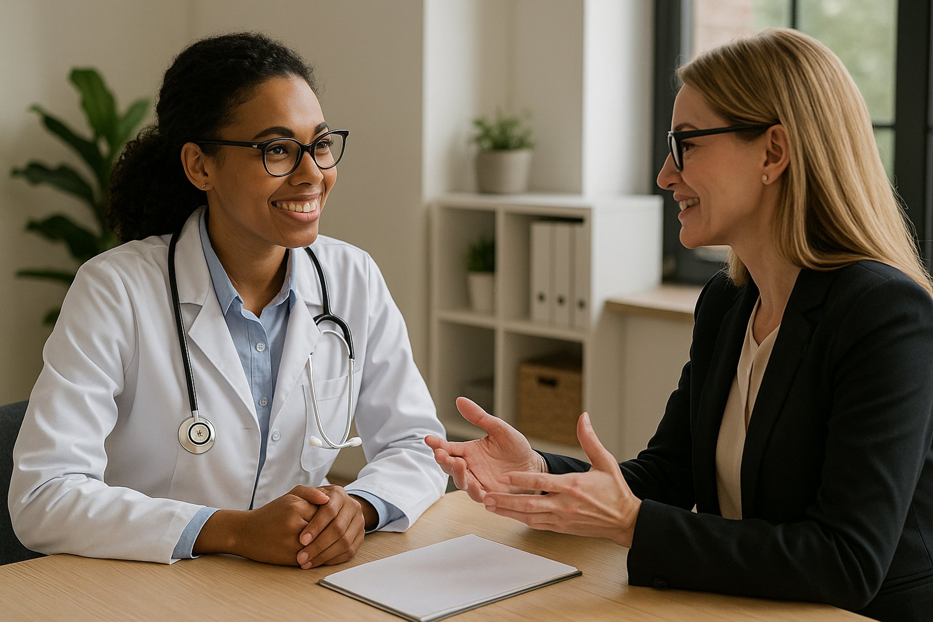 a man and a woman shaking hands in front of a laptop