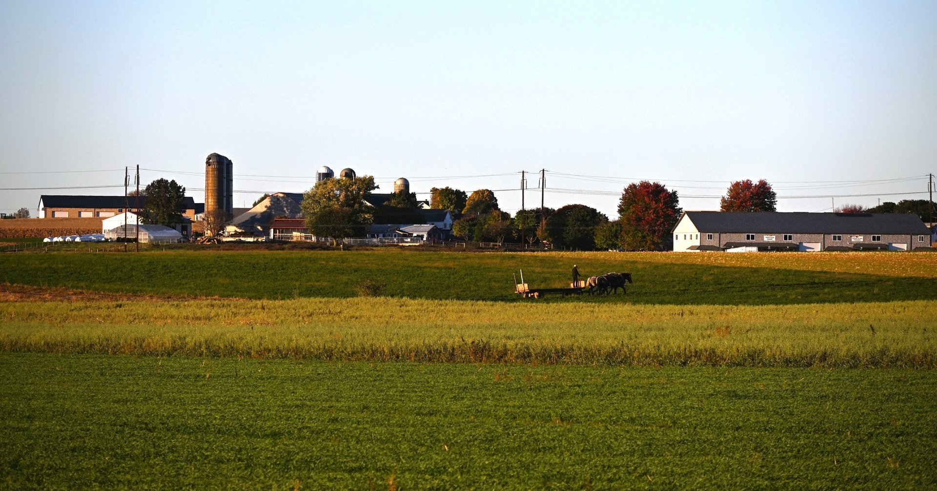 Amish farmer working the fields at evening with horses in Lancaster, Pennsylvania