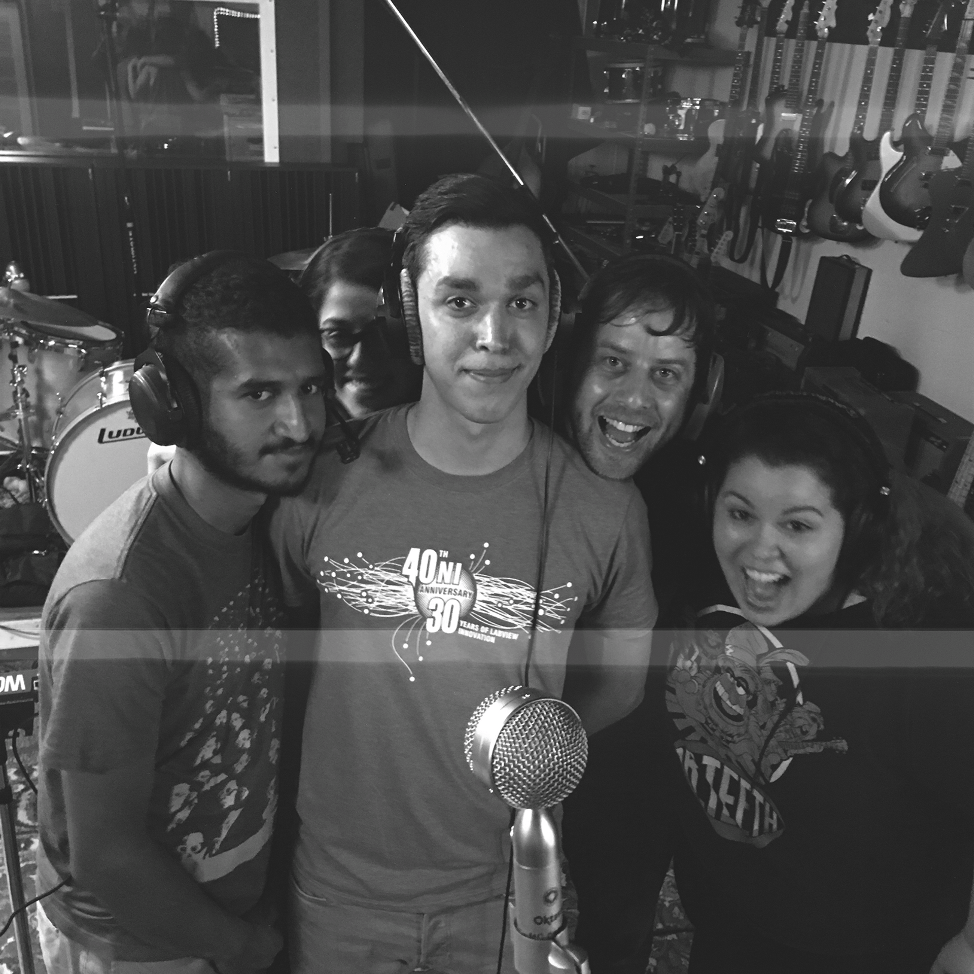 Robyn, Rahul, Marcus, Jeff, and Andrea recording background vocals at Ice Cream Factory Studio in Austin, TX