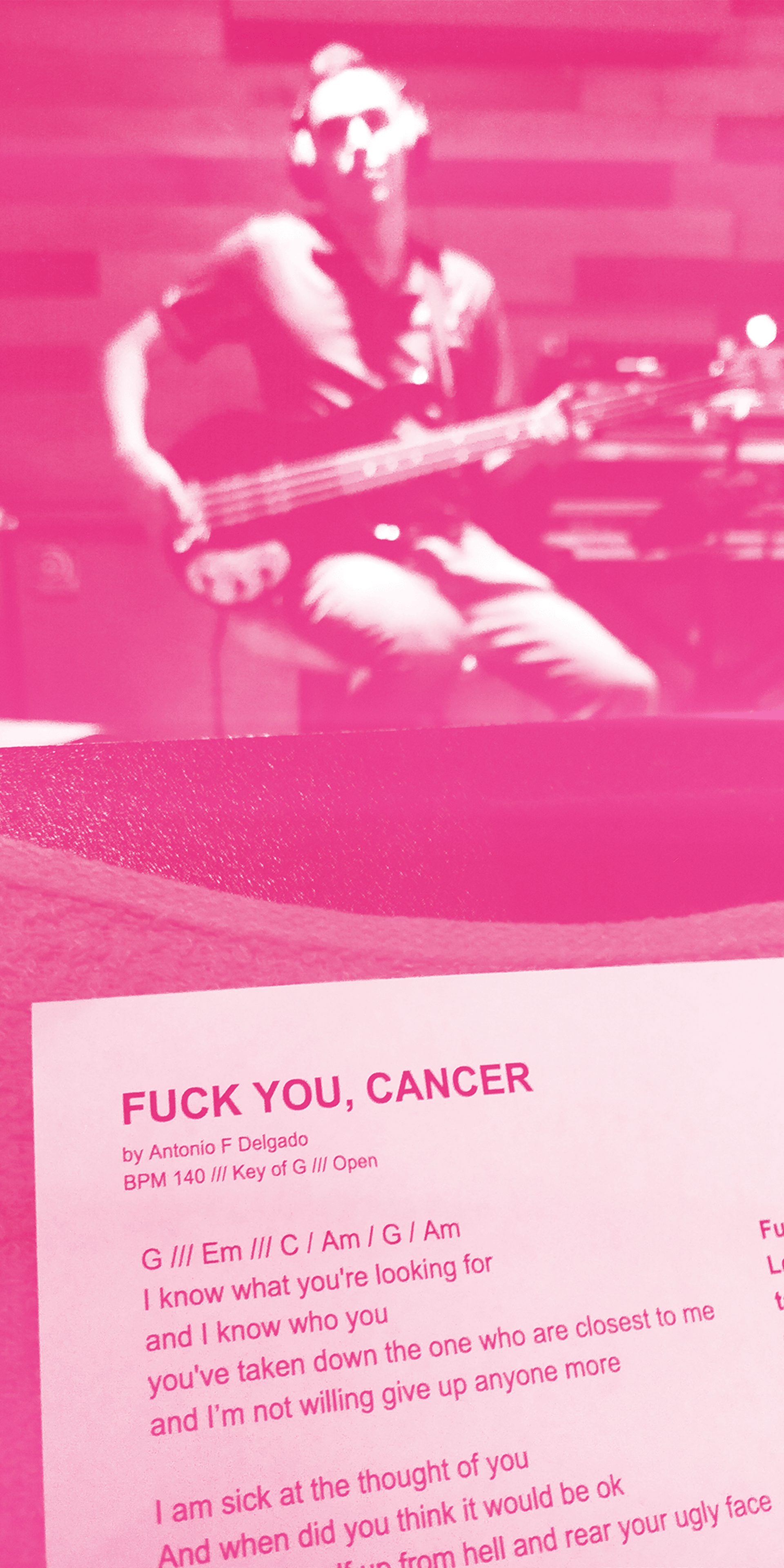 Marcus recording bass for the song “Fuck You Cancer” at Ice Cream Factory Studio in Austin, TX