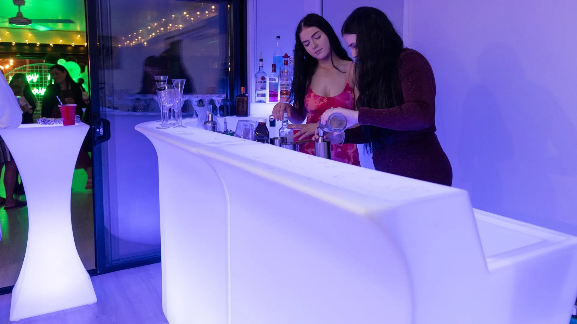 Vow renewal event in Redland Bay hired glow bar, cocktail tables and neon.
