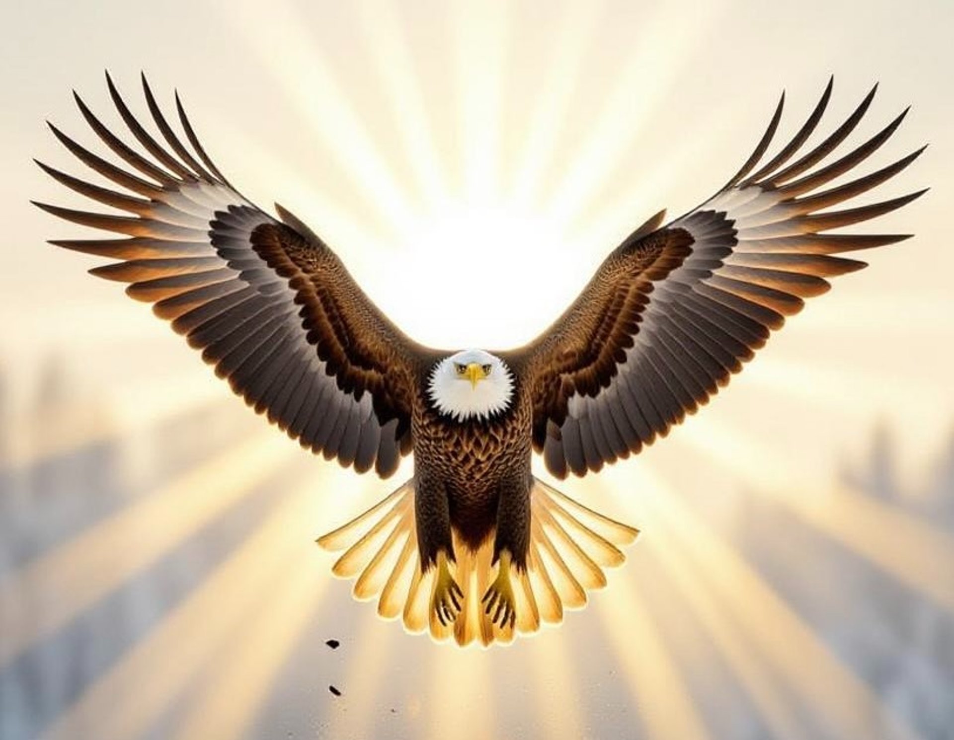 A bald eagle soaring through a blue sky