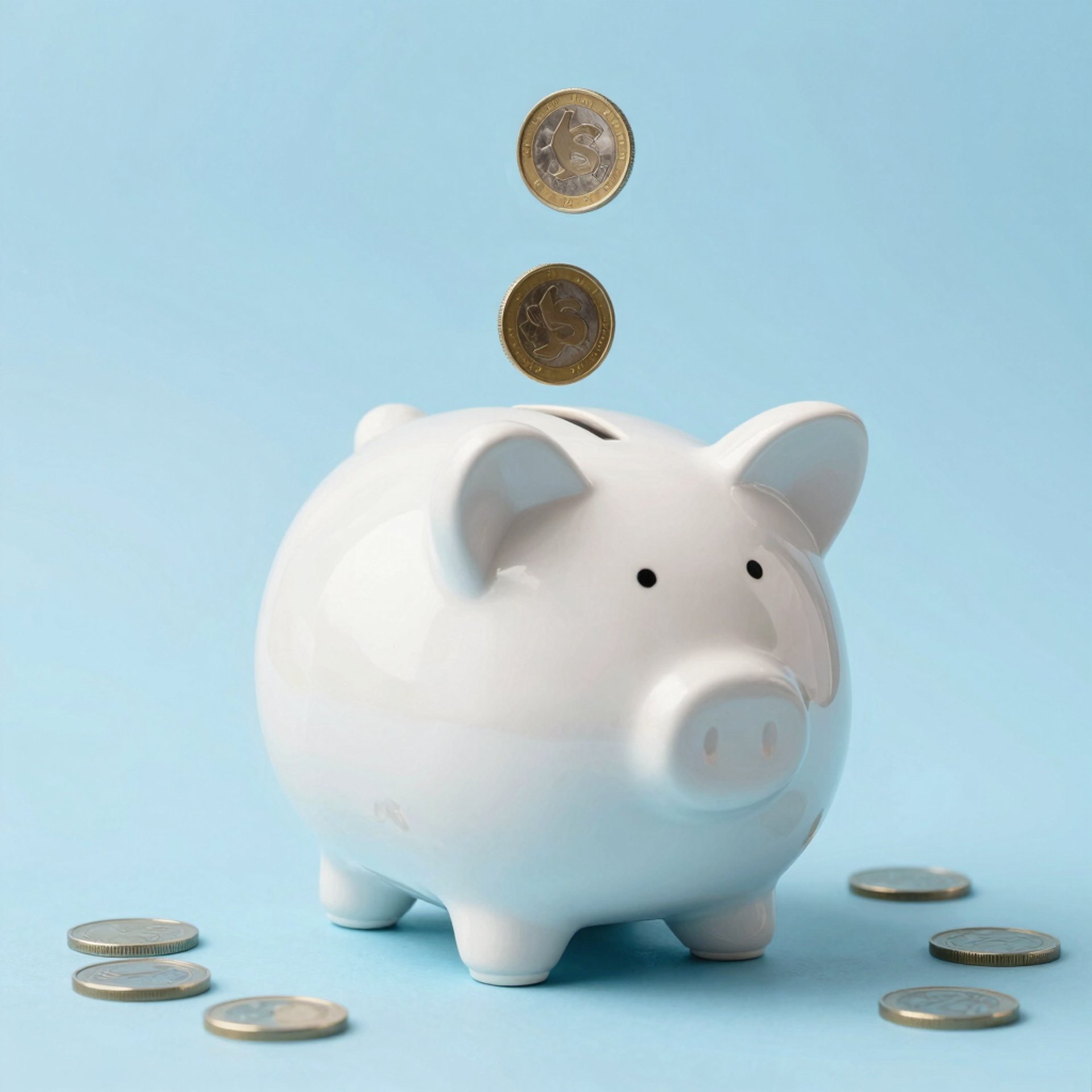 Coins falling into a white piggy bank.