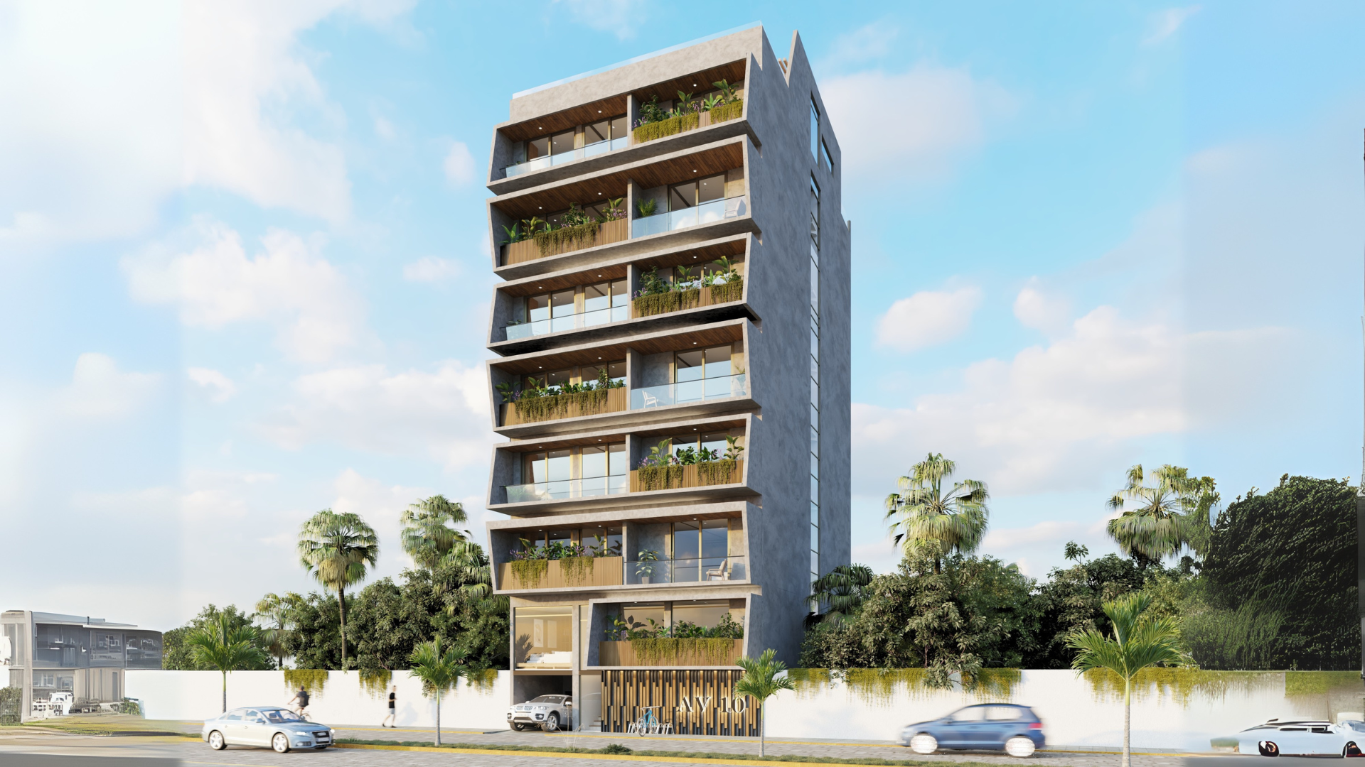 an abstract photo of a curved building with a blue sky in the background