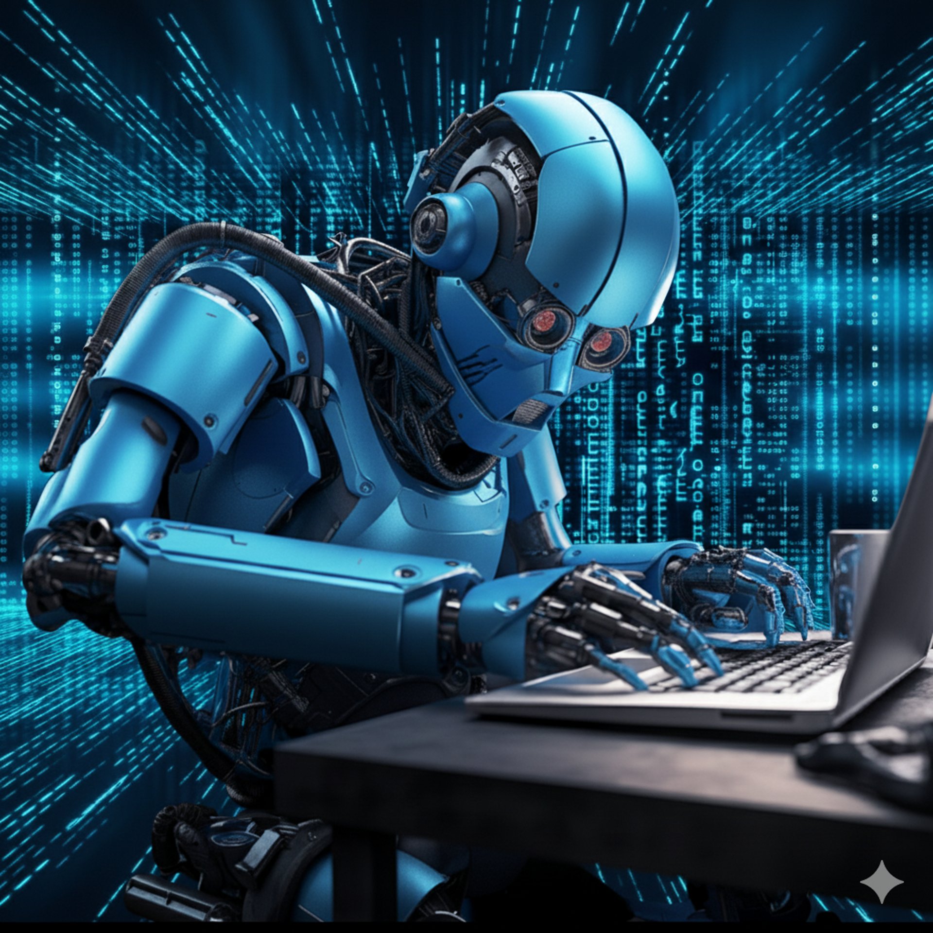 Red robot working with a laptop