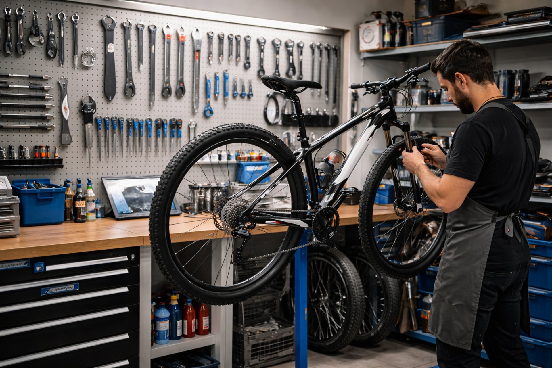 taller de bicicletas, con herramientas 