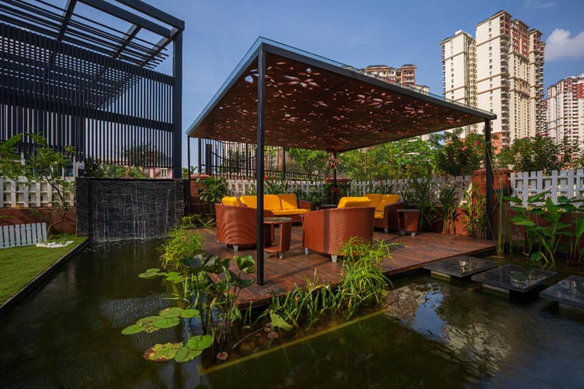 Customized garden design with outdoor seating and greenery in Bangalore
