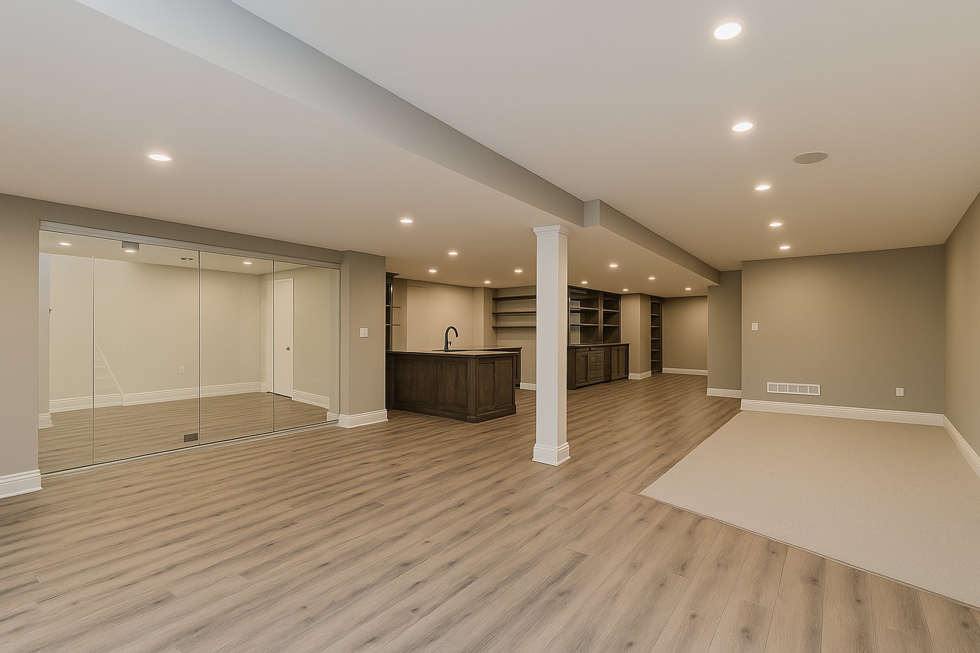 Finished basement renovation with custom bar and storage in London, Ontario