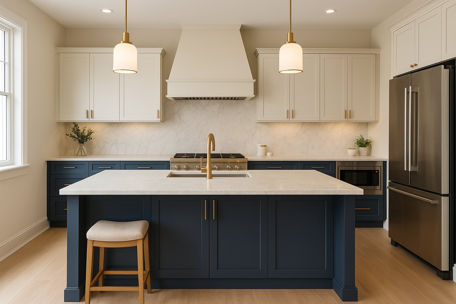 Modern kitchen with navy and white cabinets, quartz counters, and pendant lighting in London, Ontario.