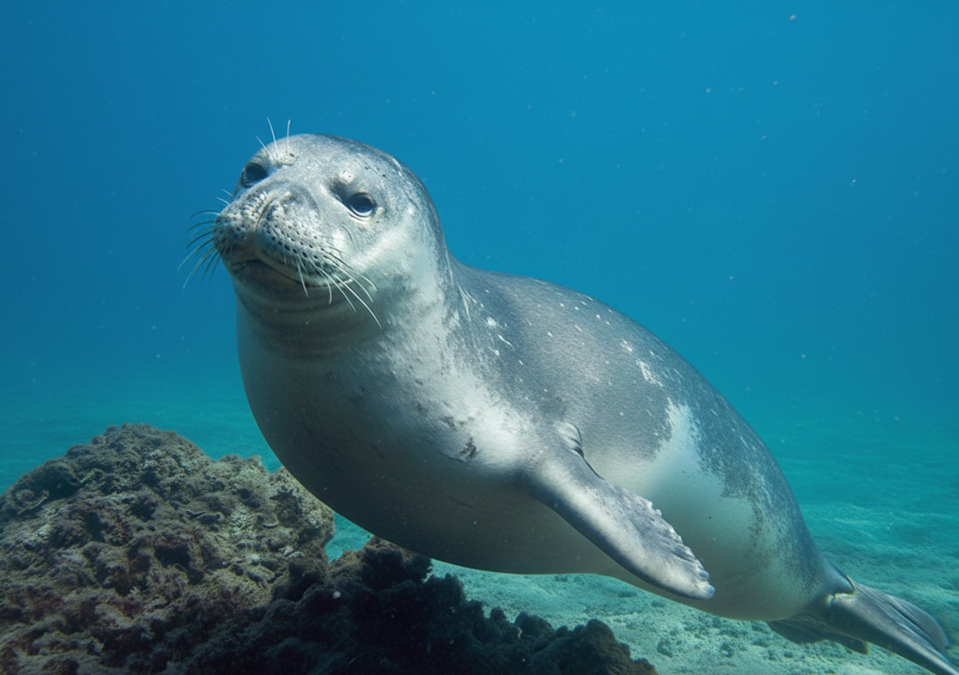 Mediterranean monk seal swimming in the clear blue waters of Funchal, Madeira Island.