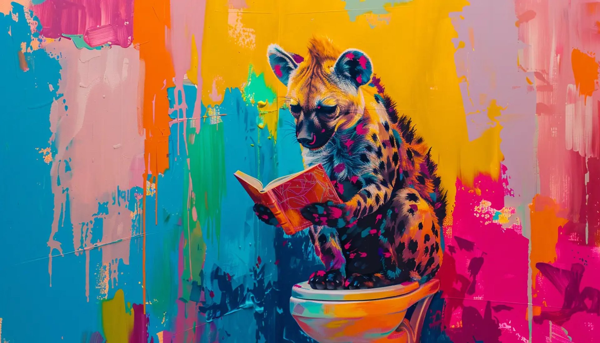 hyena on the toilet in a colourful bathroom