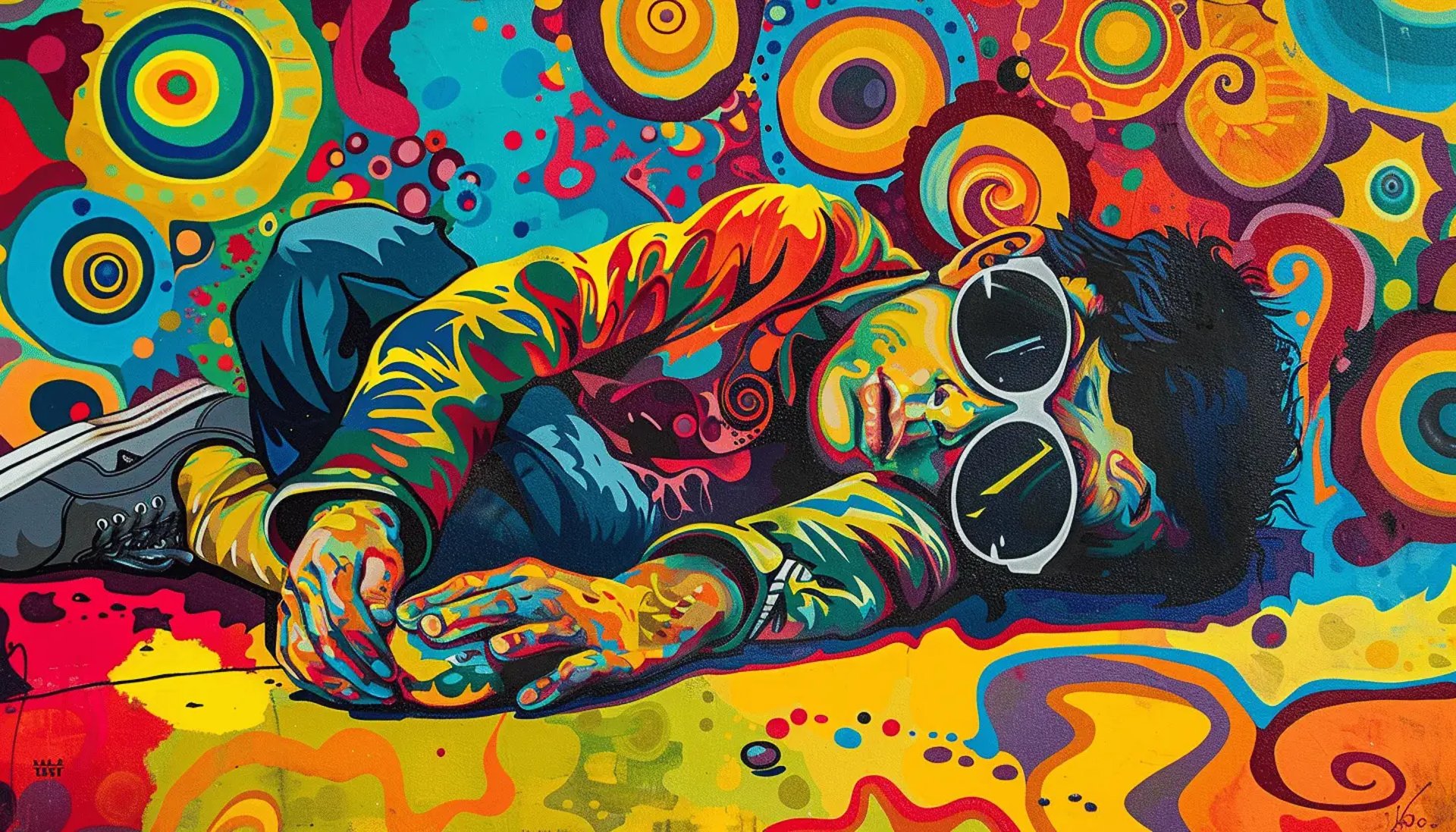 person lying on the floor in a colorful room