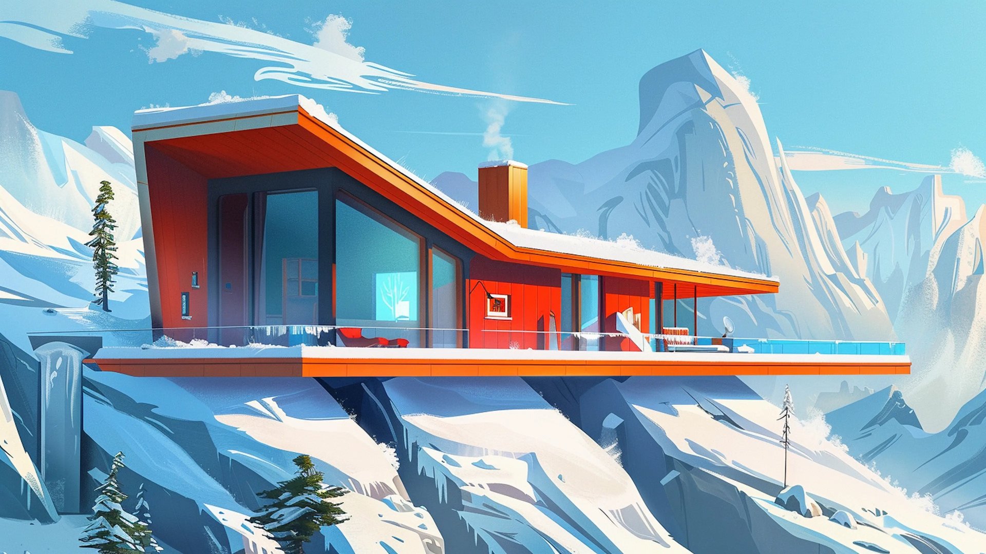 house on a cliff in the snowy mountains