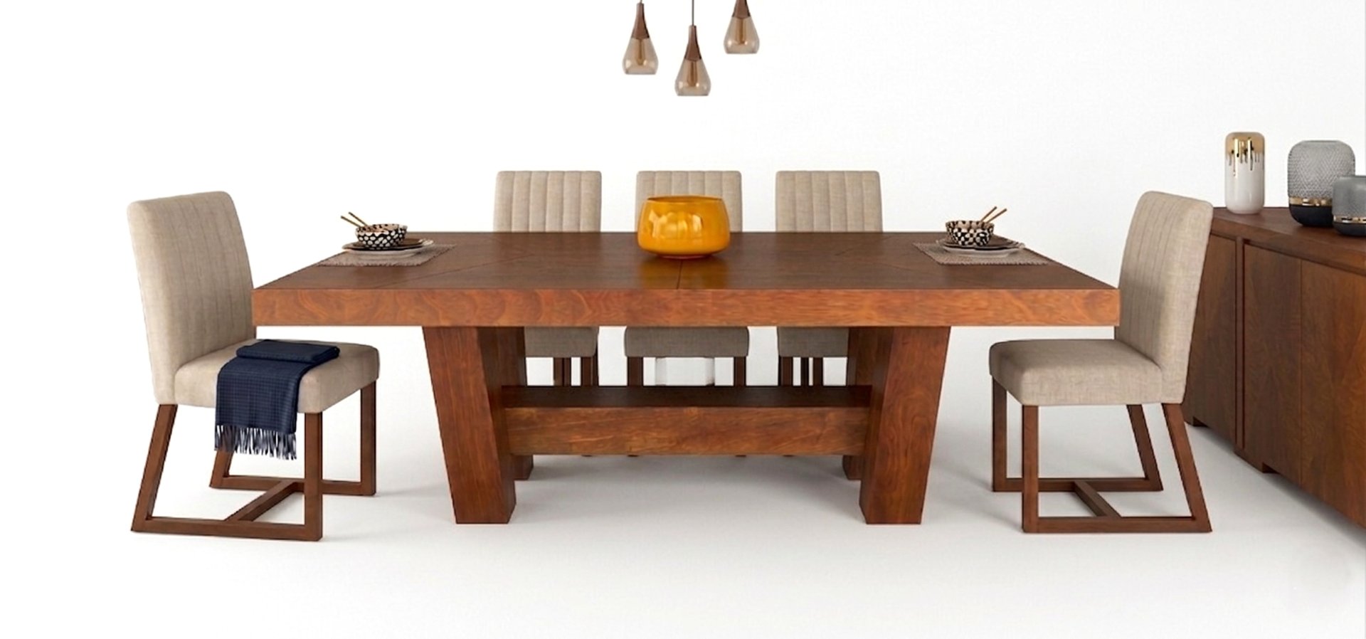 a blue chair and a yellow lamp in a white room