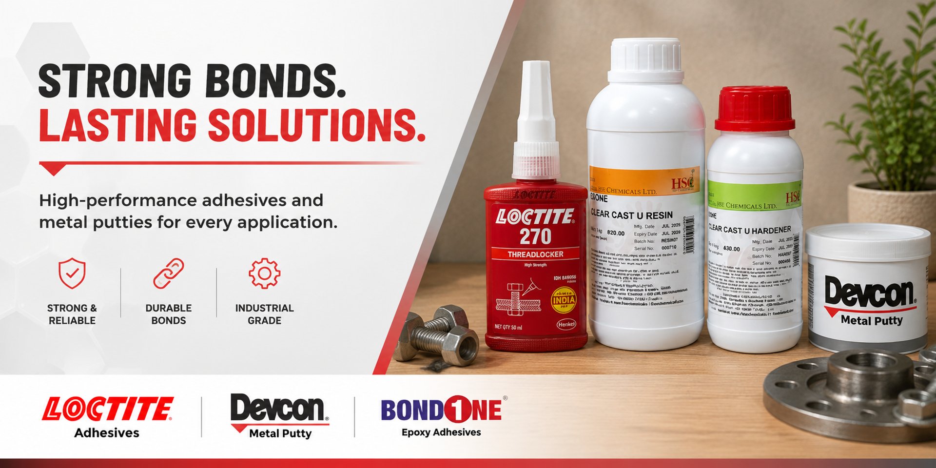 Epoxy resin and adhesives: Bondone, Loctite, Devcon, Lapox
